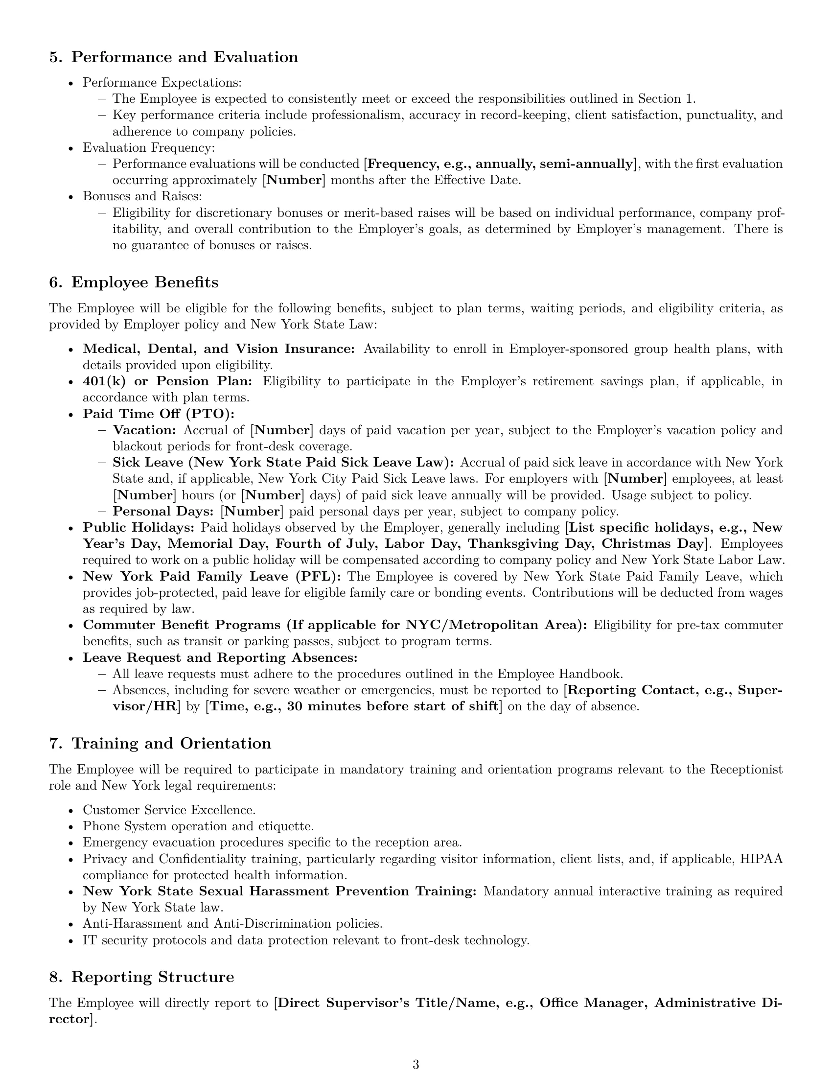 Preview page 3 of Pro New York receptionist employment contract template