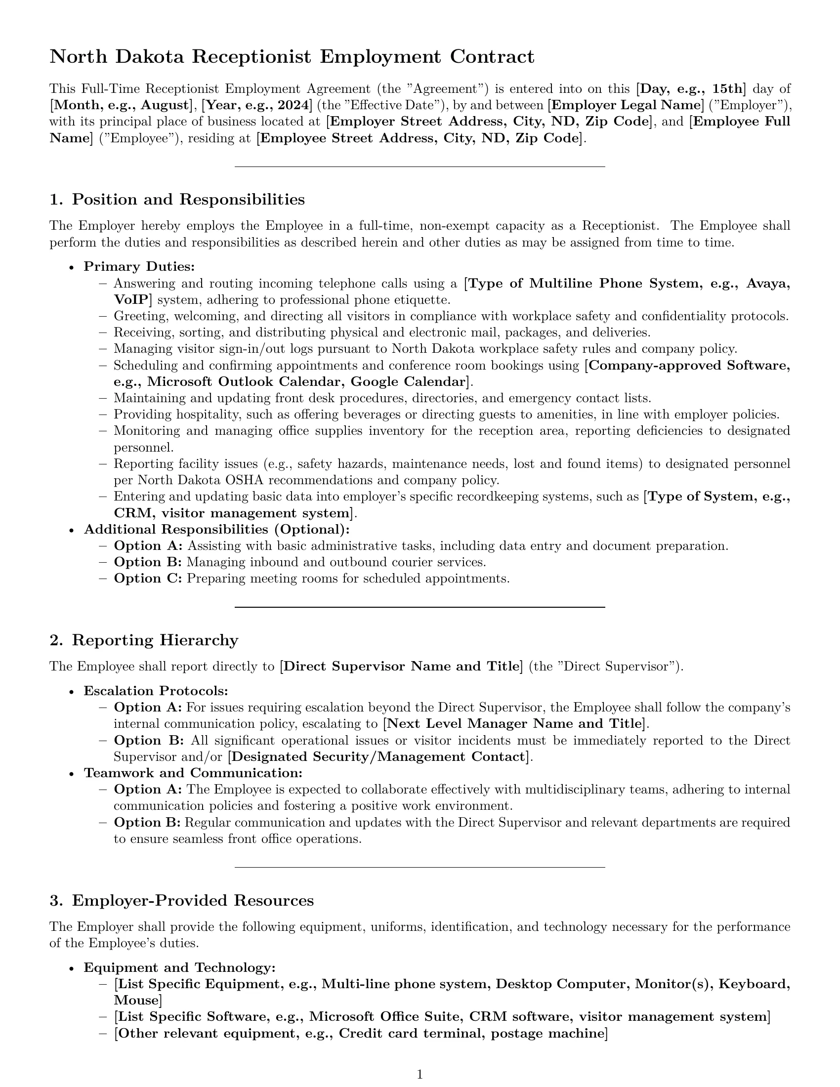 Preview page 1 of Pro North Dakota receptionist employment contract template
