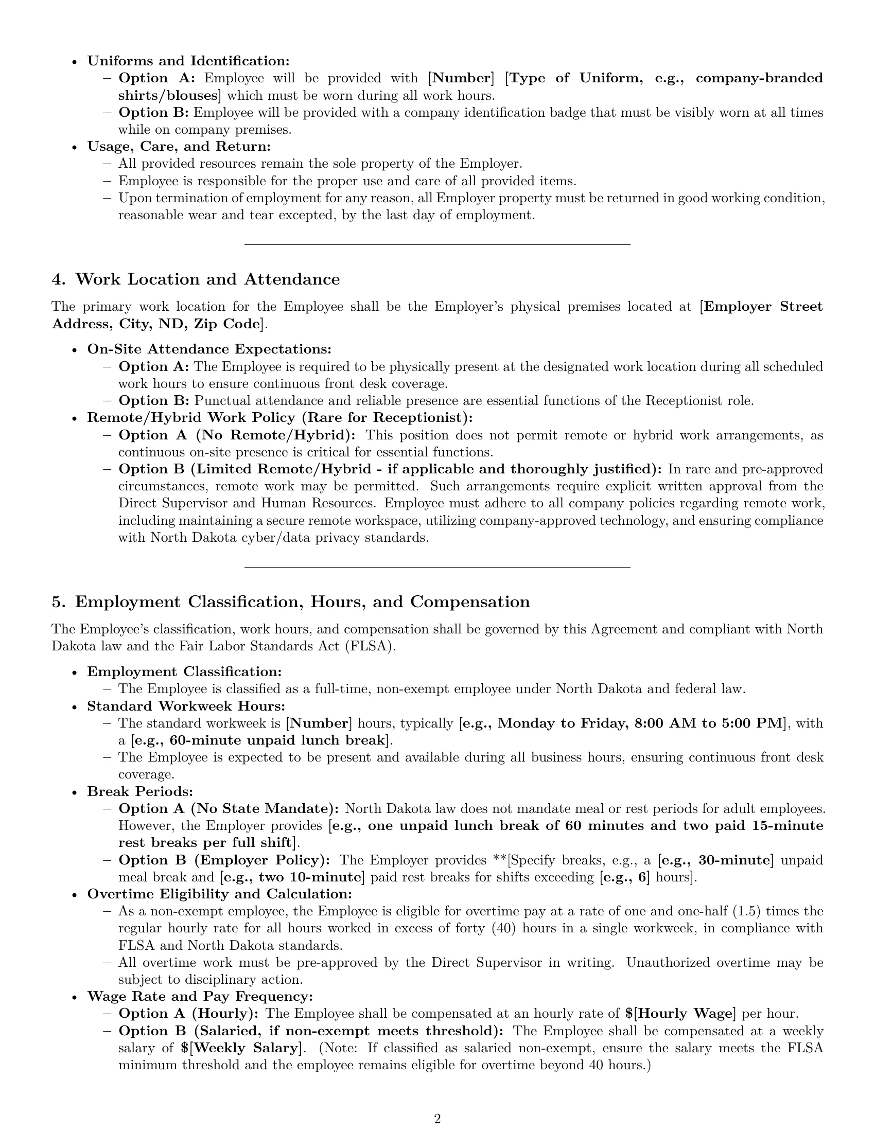 Preview page 2 of Pro North Dakota receptionist employment contract template