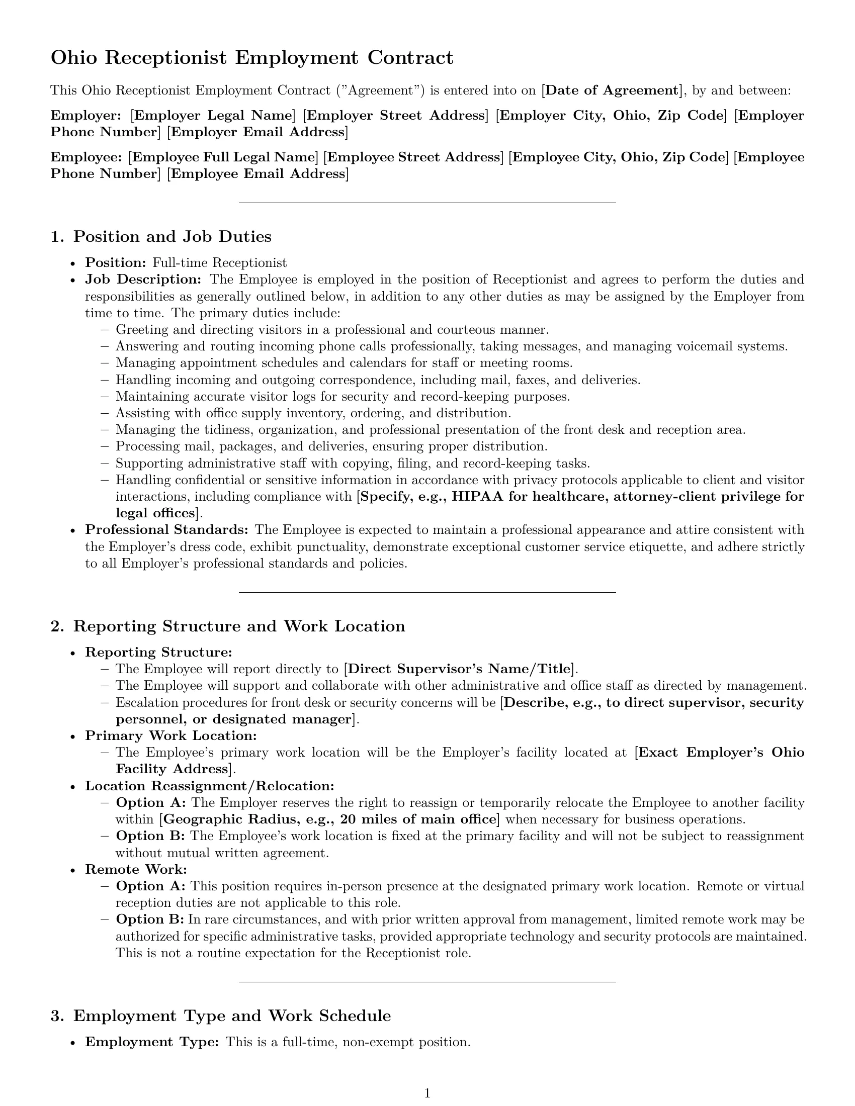 Preview page 1 of Pro Ohio receptionist employment contract template