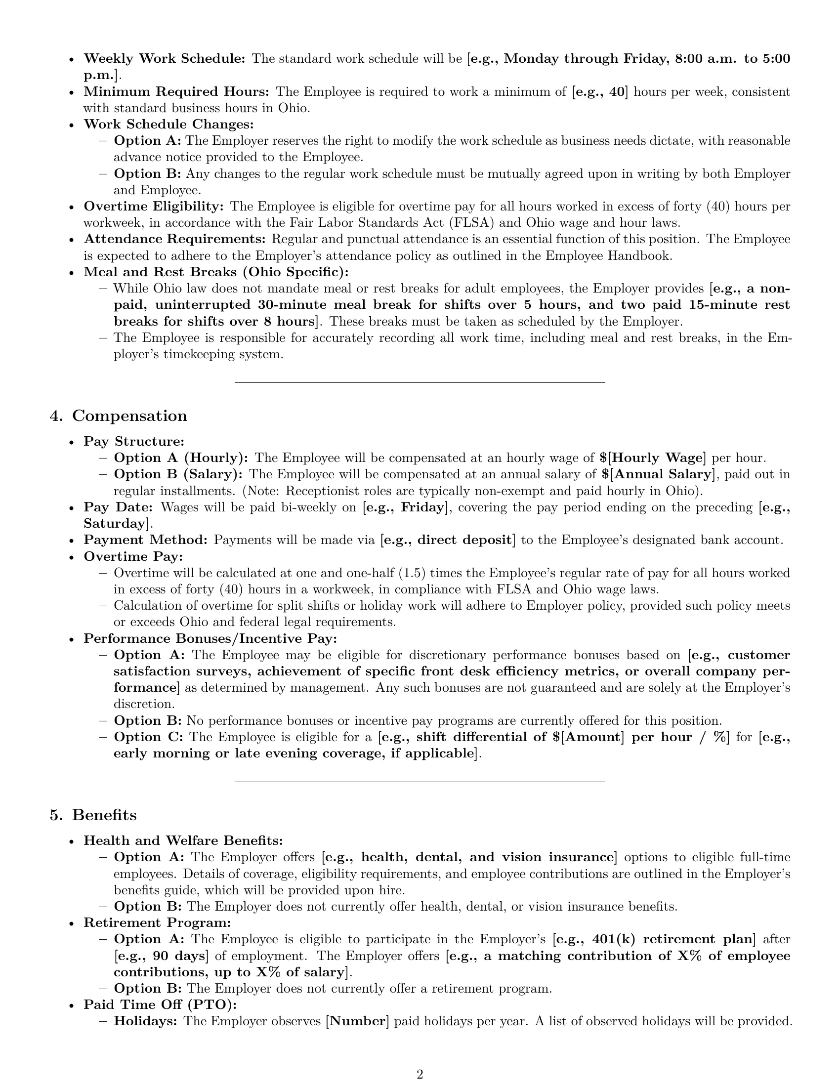 Preview page 2 of Pro Ohio receptionist employment contract template