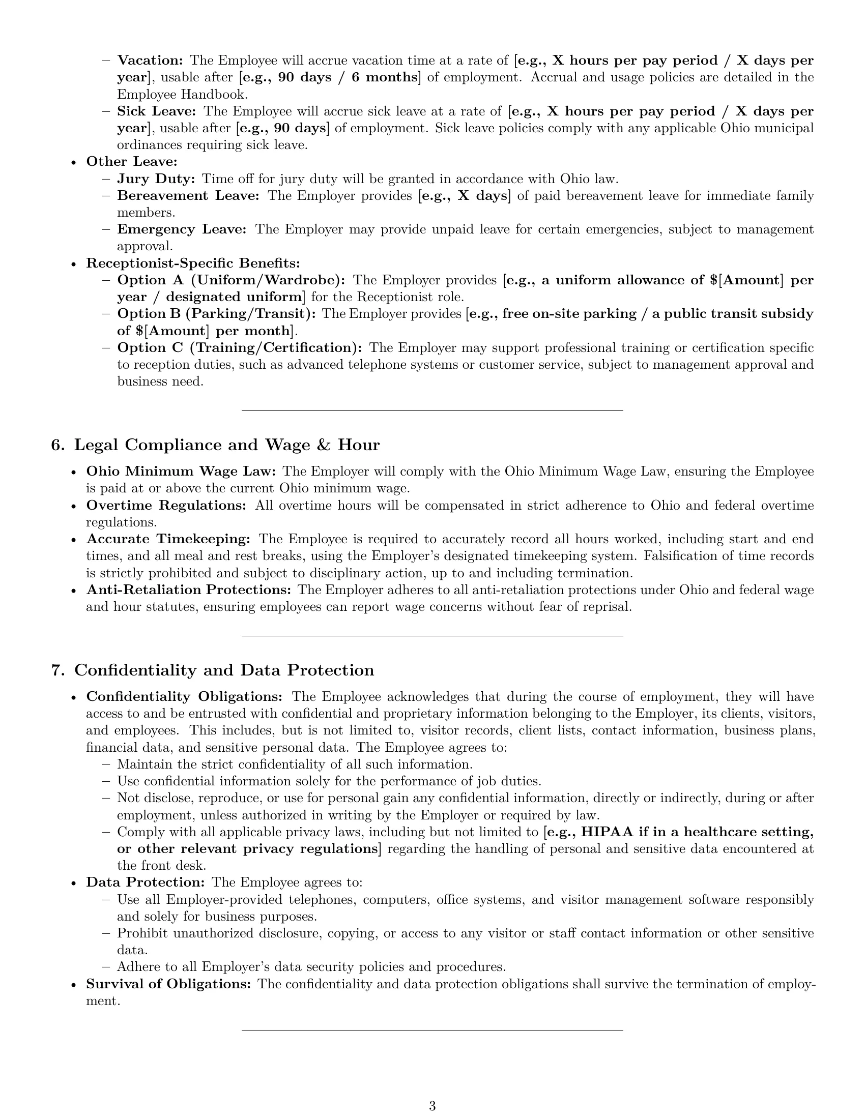 Preview page 3 of Pro Ohio receptionist employment contract template