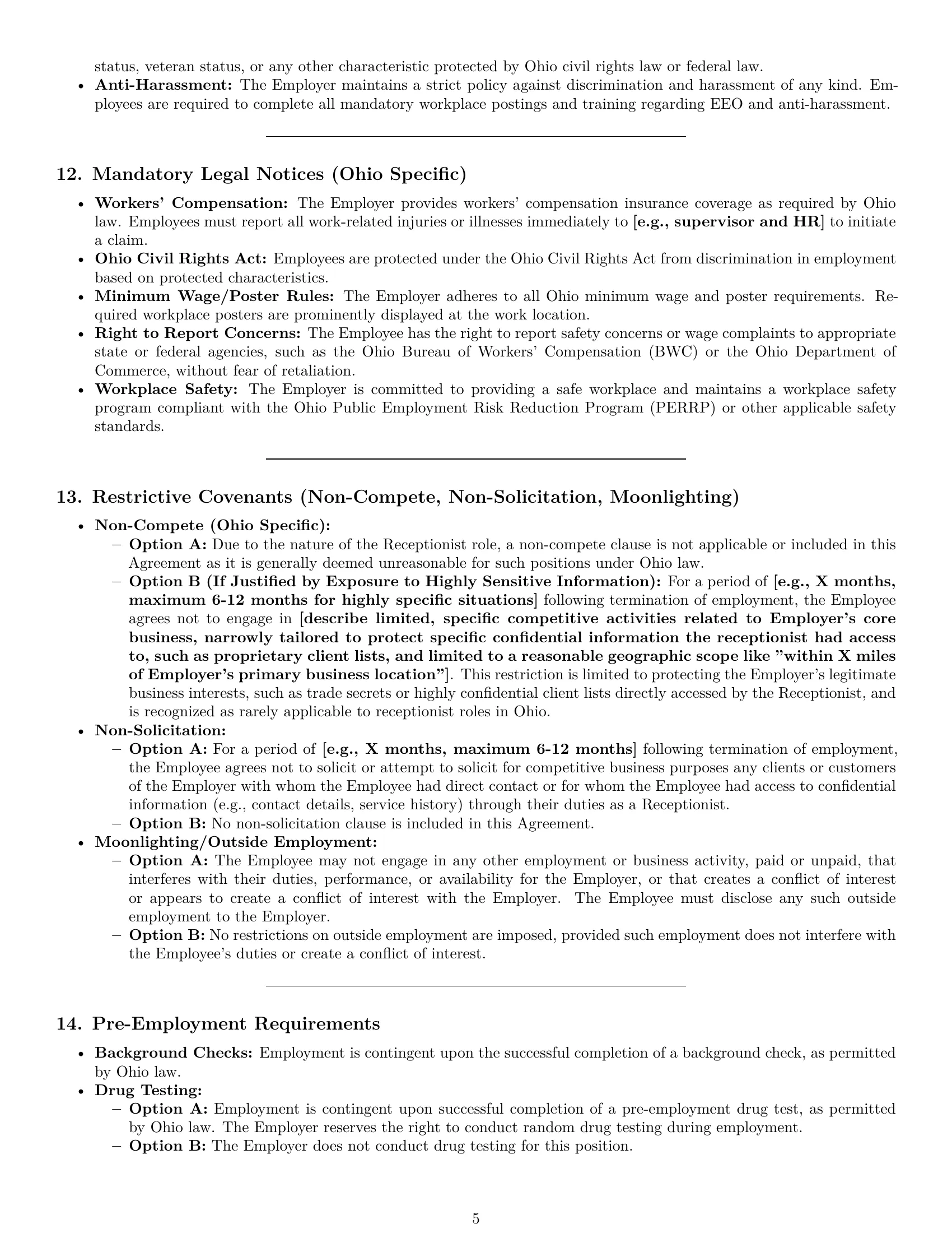 Preview page 5 of Pro Ohio receptionist employment contract template