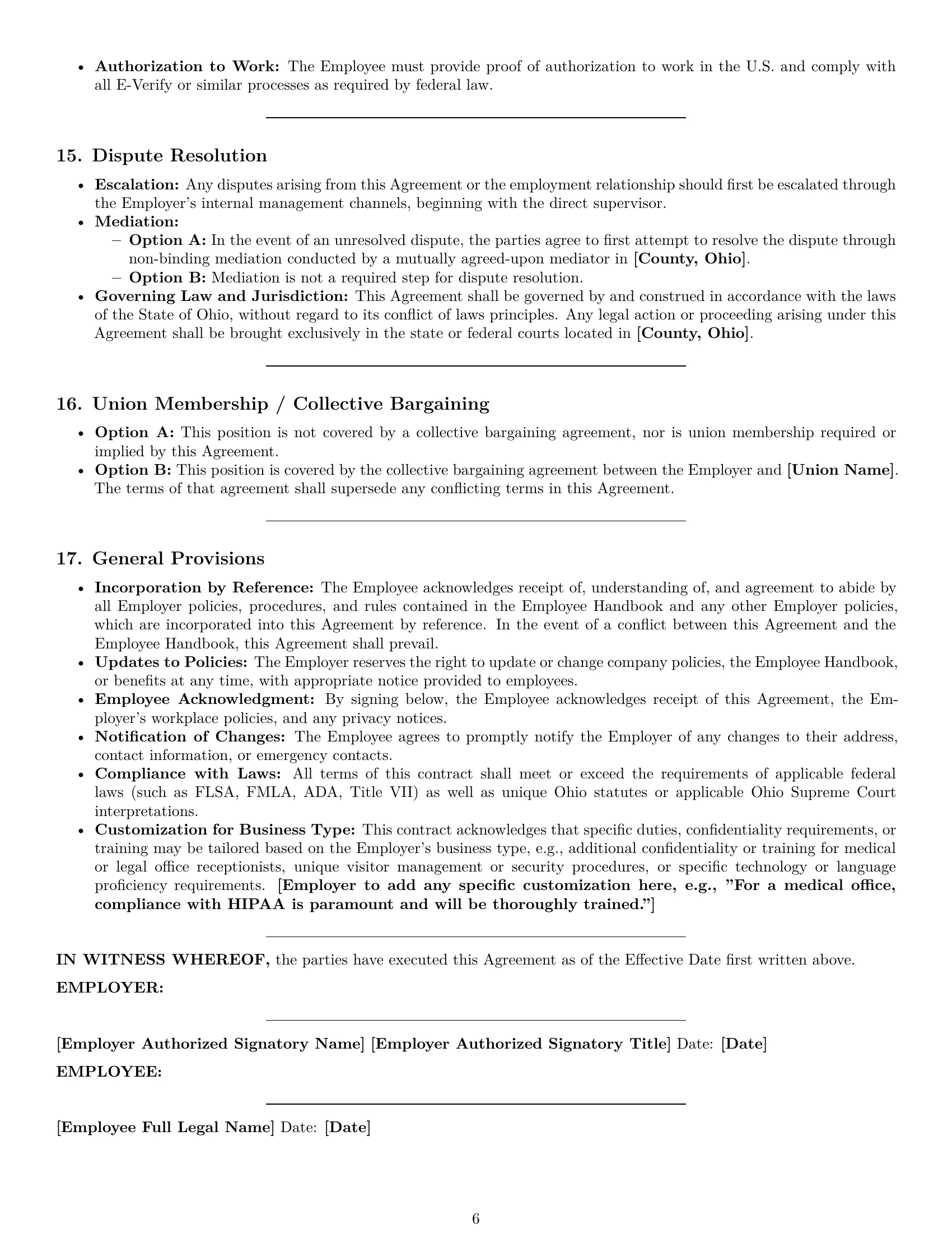 Preview page 6 of Pro Ohio receptionist employment contract template