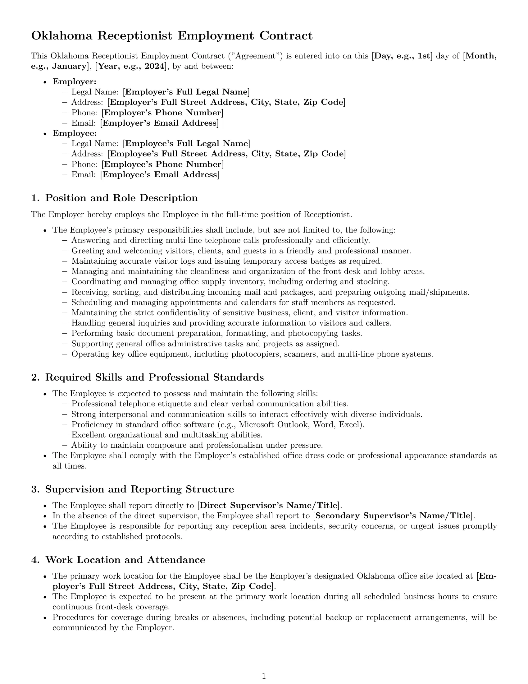 Preview page 1 of Pro Oklahoma receptionist employment contract template