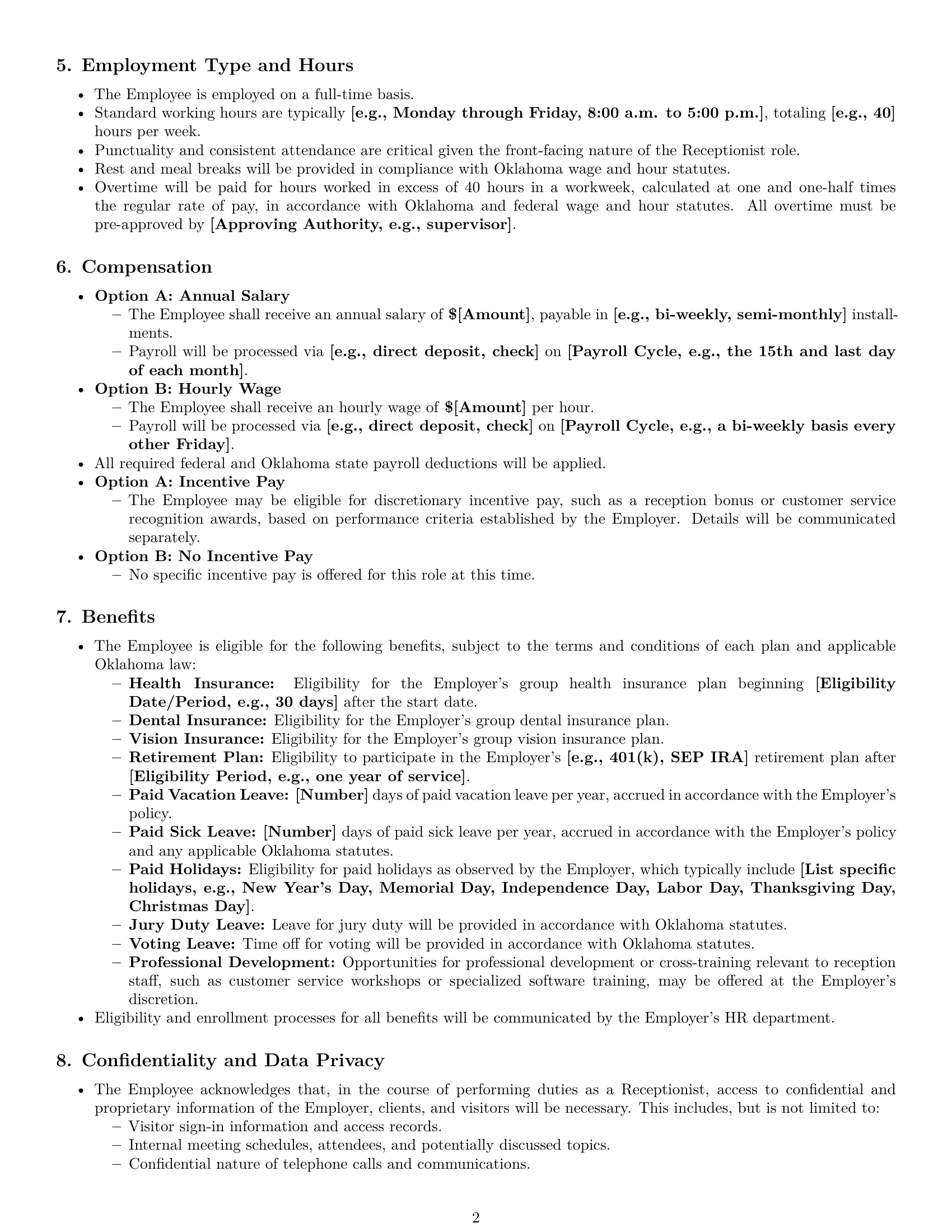Preview page 2 of Pro Oklahoma receptionist employment contract template