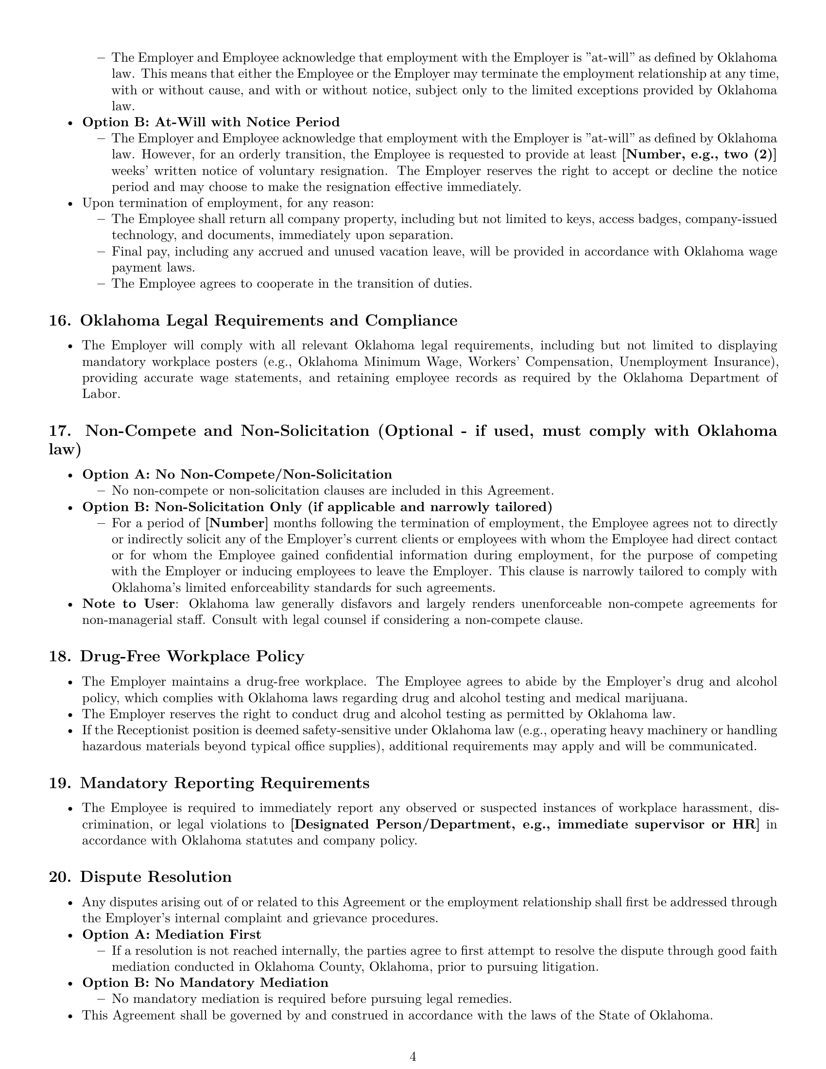 Preview page 4 of Pro Oklahoma receptionist employment contract template
