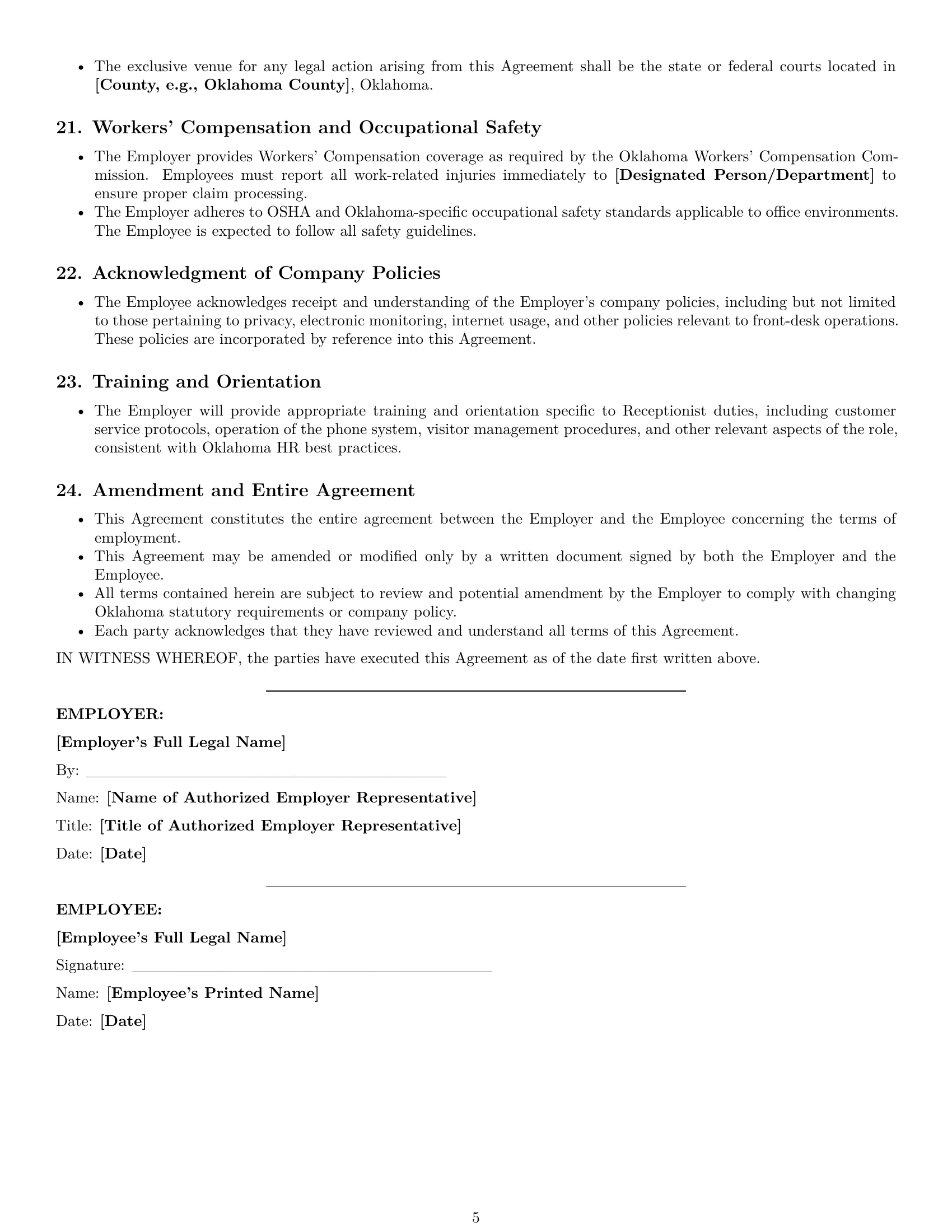 Preview page 5 of Pro Oklahoma receptionist employment contract template