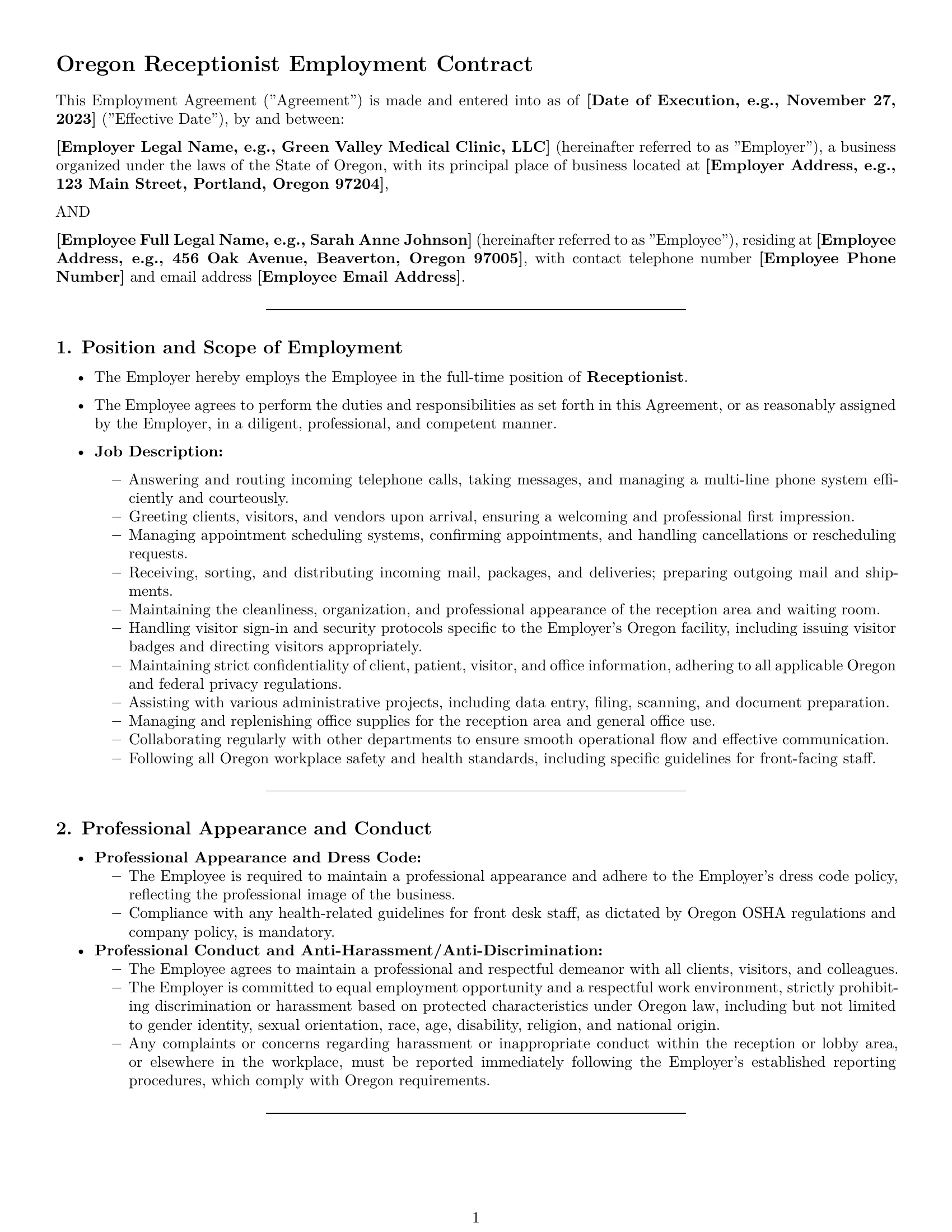Preview page 1 of Pro Oregon receptionist employment contract template