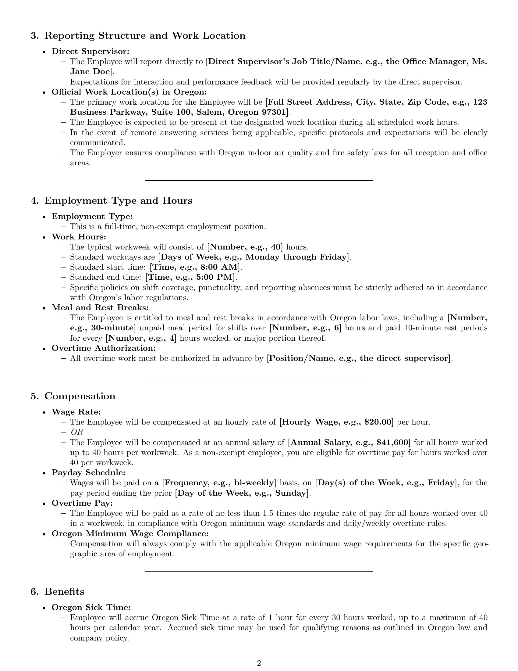 Preview page 2 of Pro Oregon receptionist employment contract template
