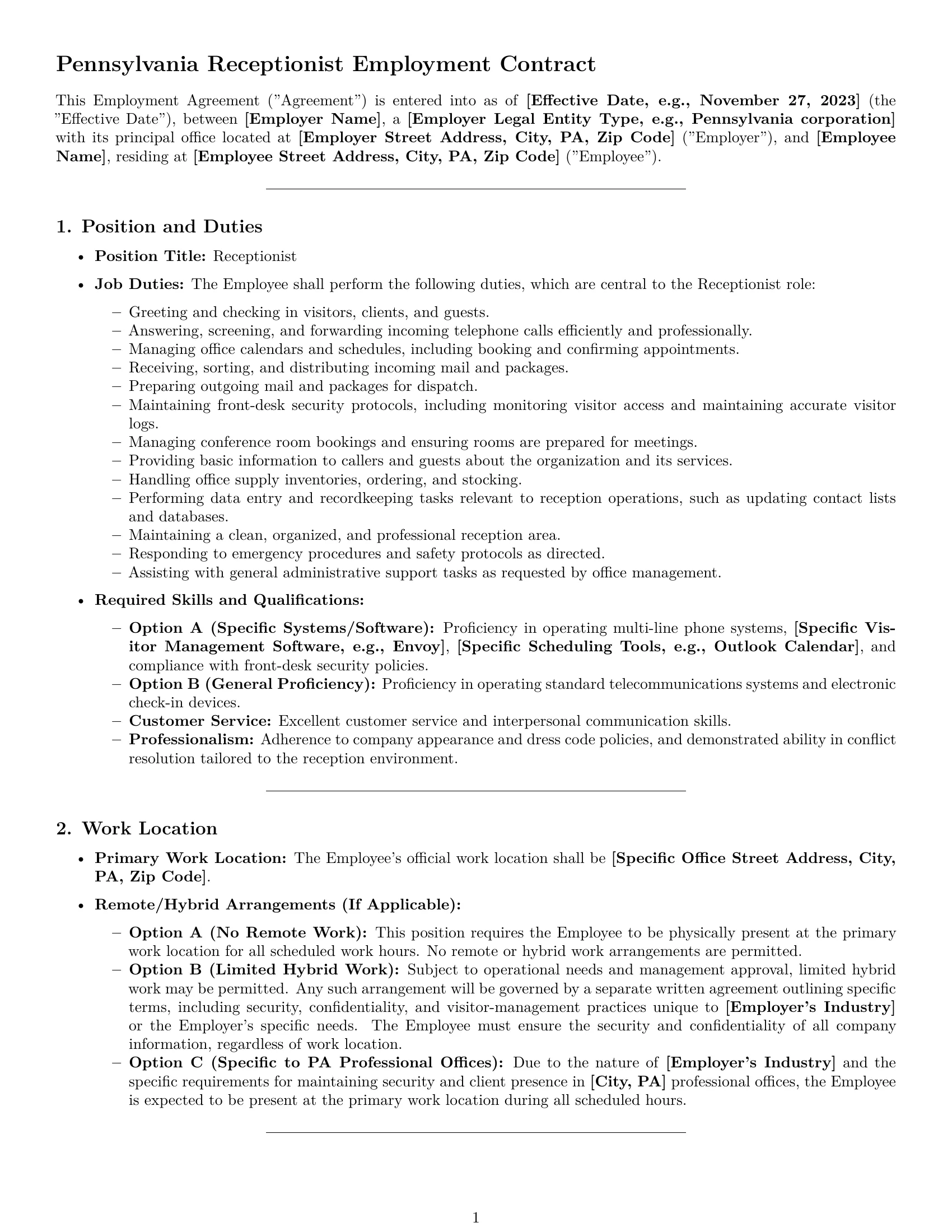 Preview page 1 of Pro Pennsylvania receptionist employment contract template
