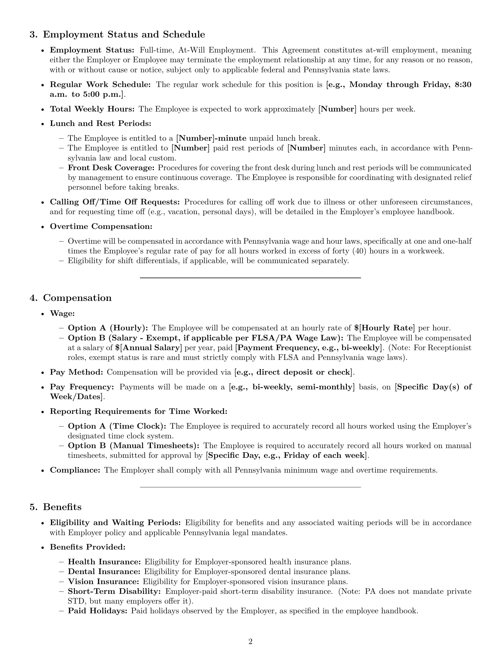 Preview page 2 of Pro Pennsylvania receptionist employment contract template
