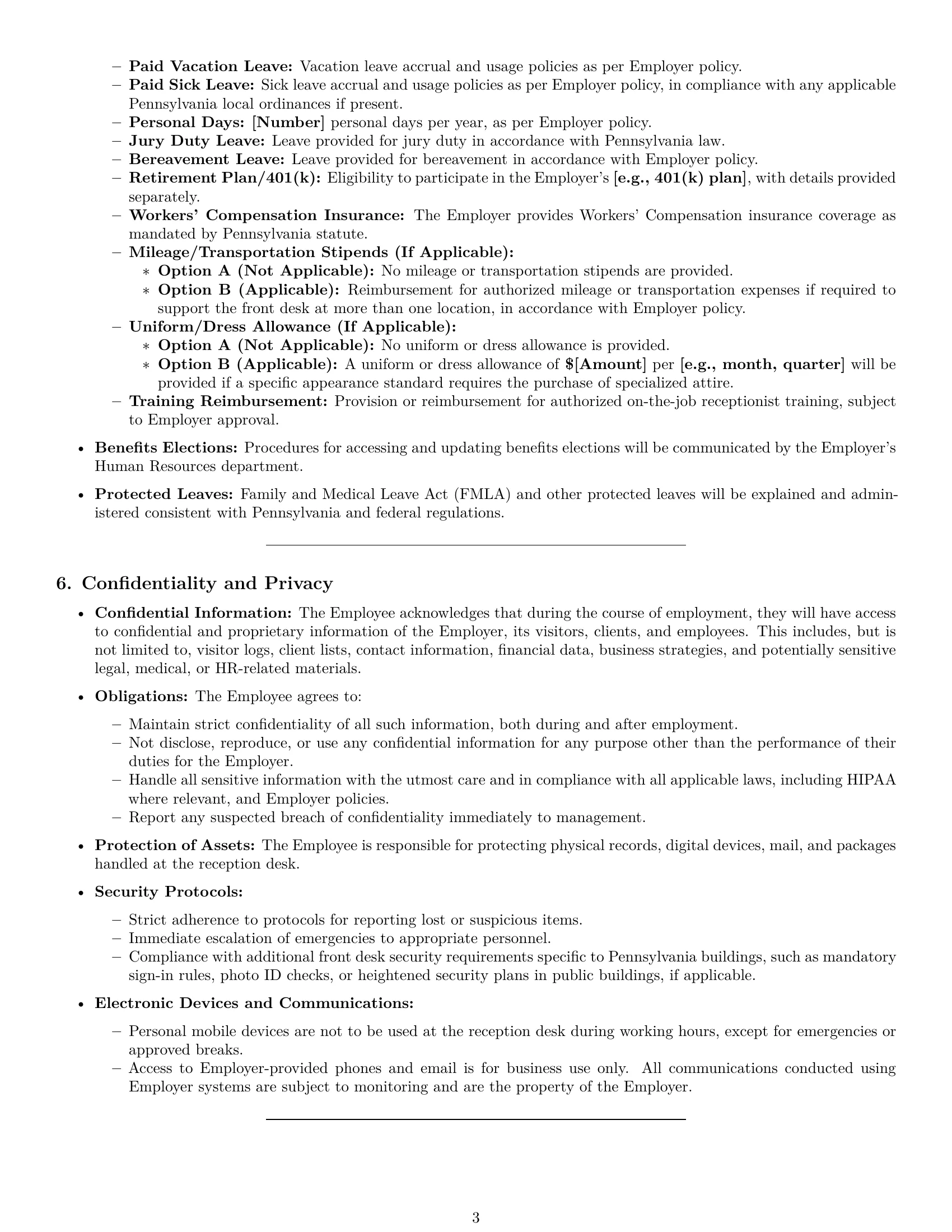 Preview page 3 of Pro Pennsylvania receptionist employment contract template