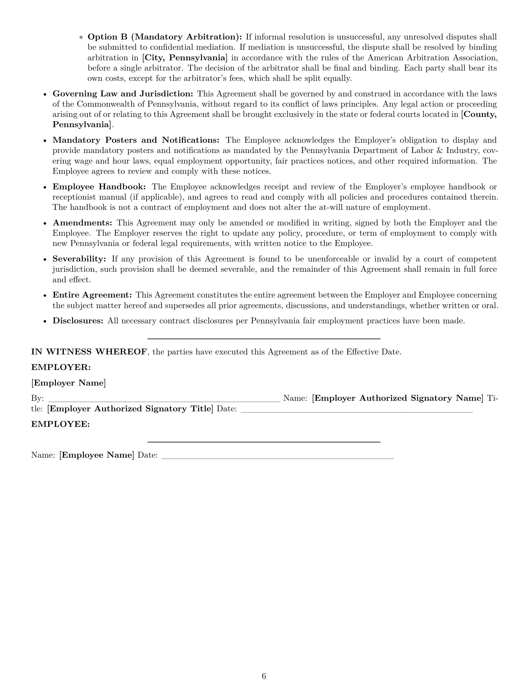 Preview page 6 of Pro Pennsylvania receptionist employment contract template