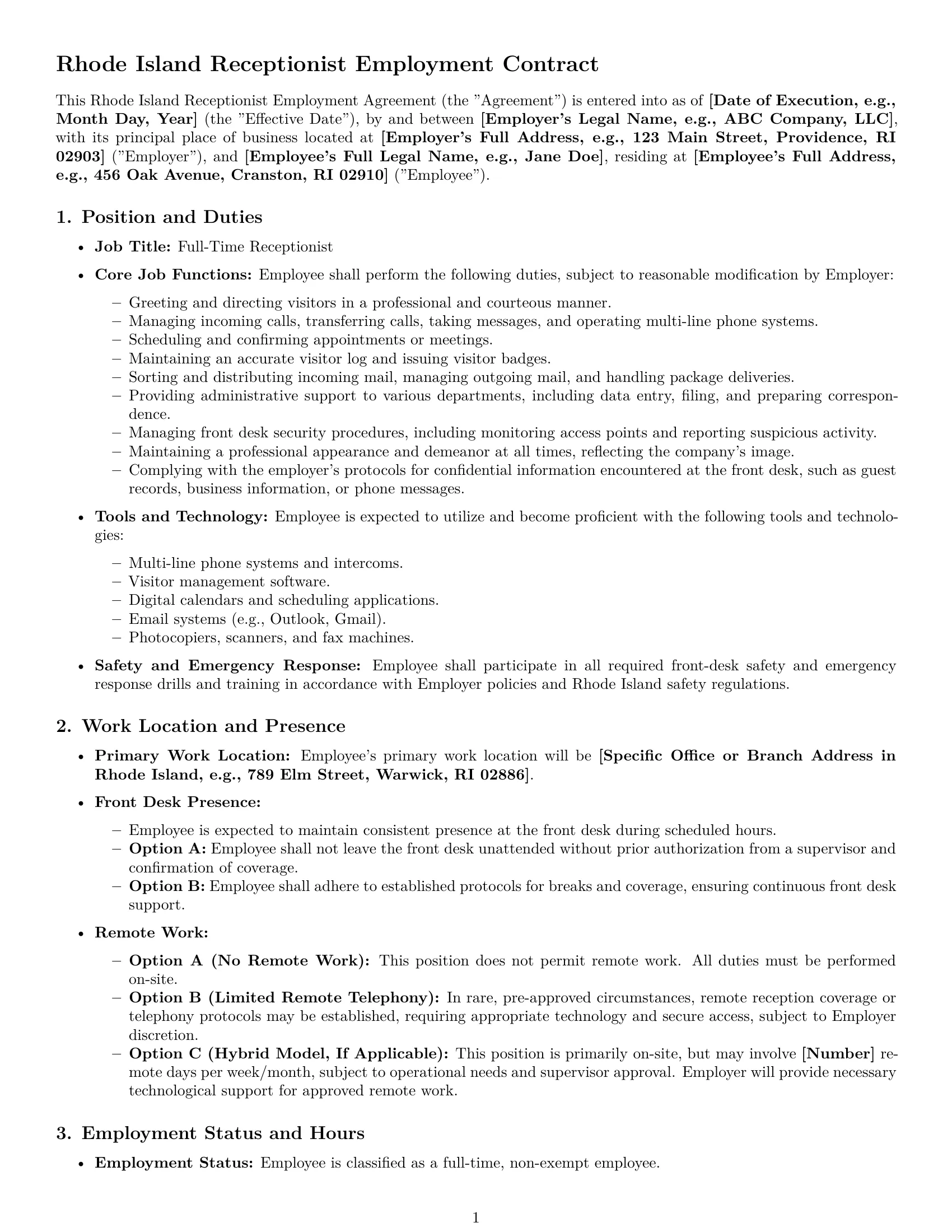 Preview page 1 of Pro Rhode Island receptionist employment contract template