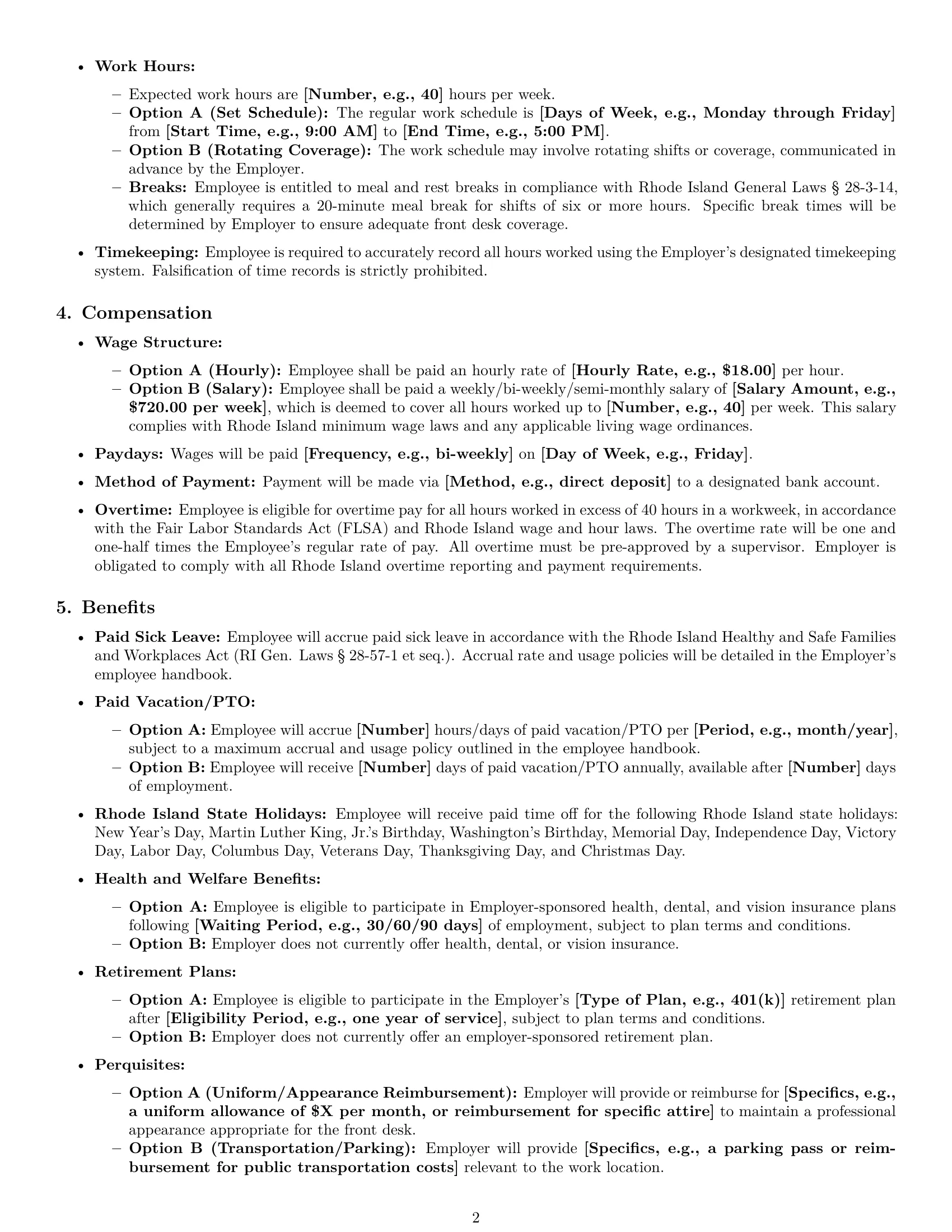 Preview page 2 of Pro Rhode Island receptionist employment contract template
