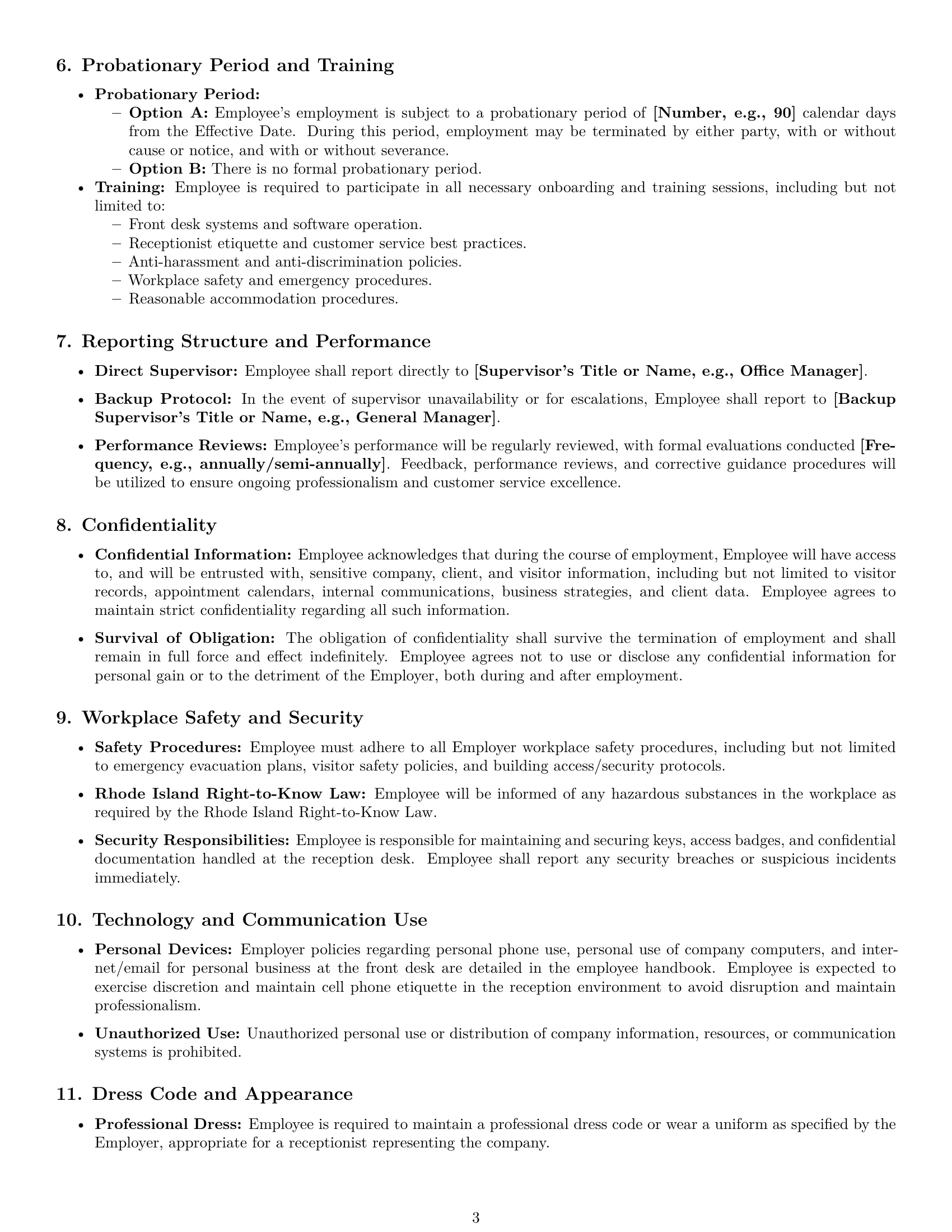 Preview page 3 of Pro Rhode Island receptionist employment contract template