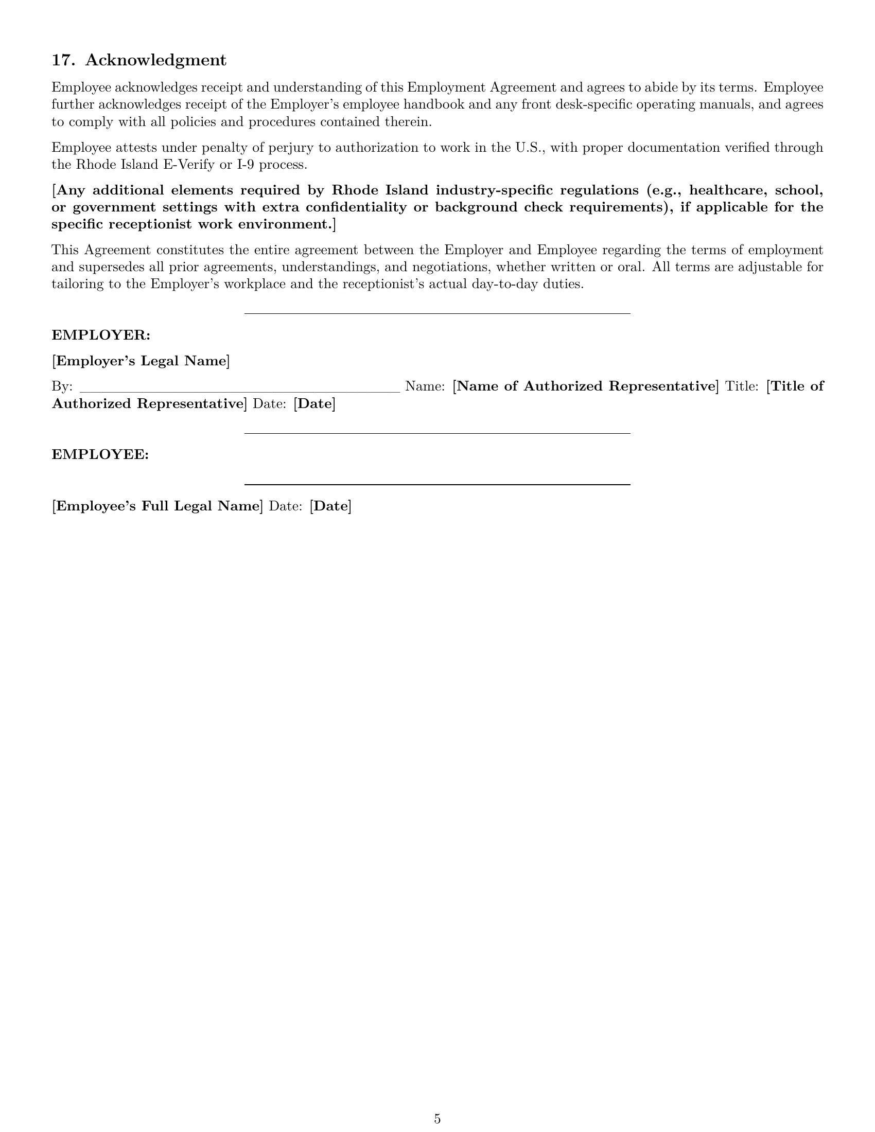 Preview page 5 of Pro Rhode Island receptionist employment contract template