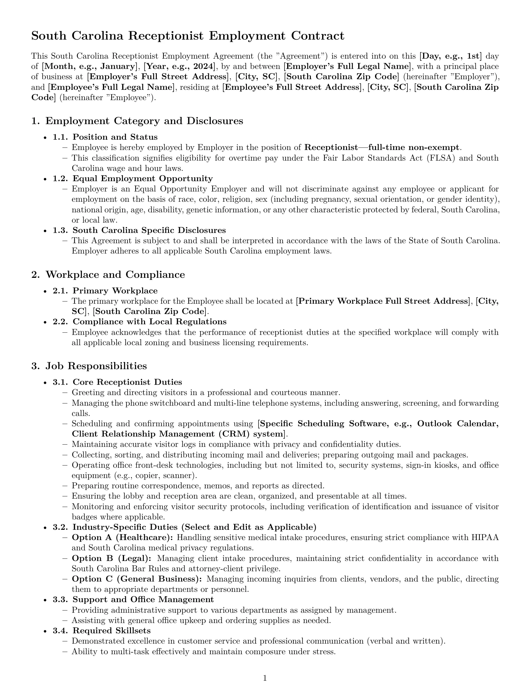 Preview page 1 of Pro South Carolina receptionist employment contract template