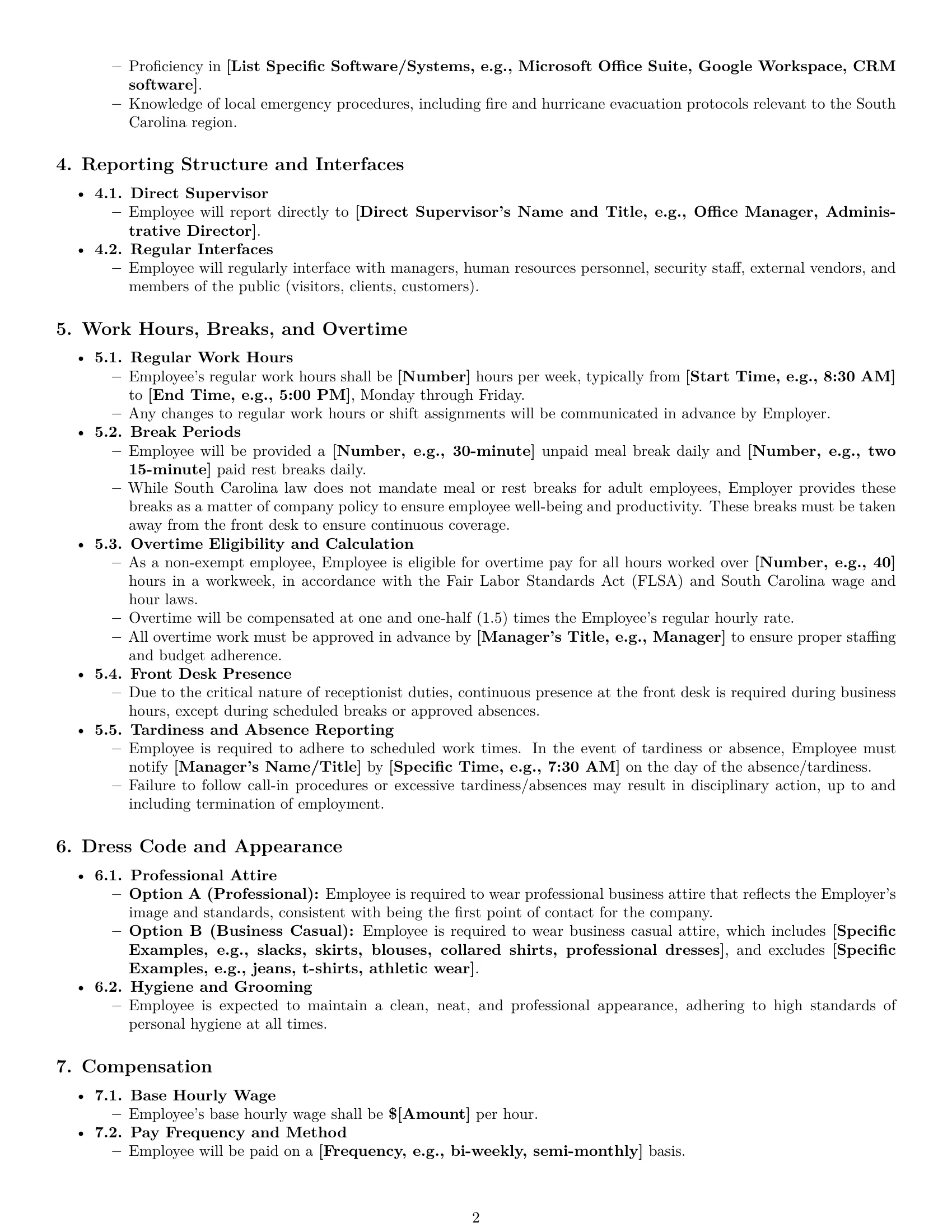 Preview page 2 of Pro South Carolina receptionist employment contract template