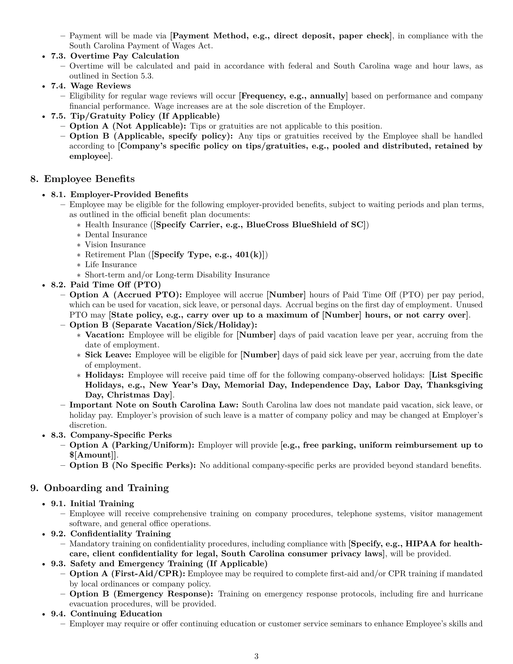 Preview page 3 of Pro South Carolina receptionist employment contract template