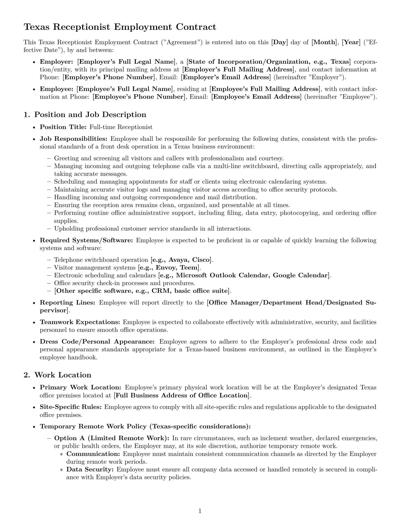 Preview page 1 of Pro Texas receptionist employment contract template