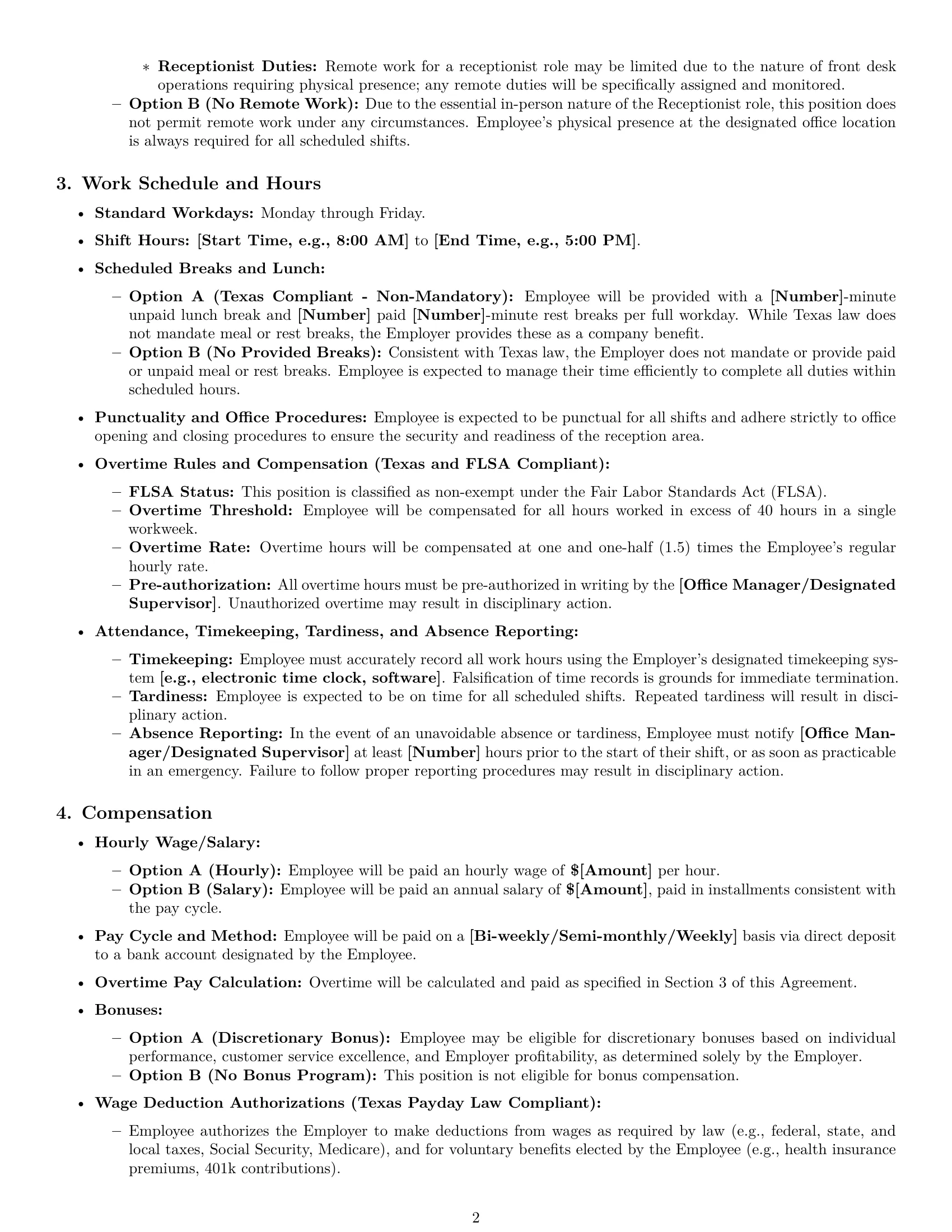 Preview page 2 of Pro Texas receptionist employment contract template