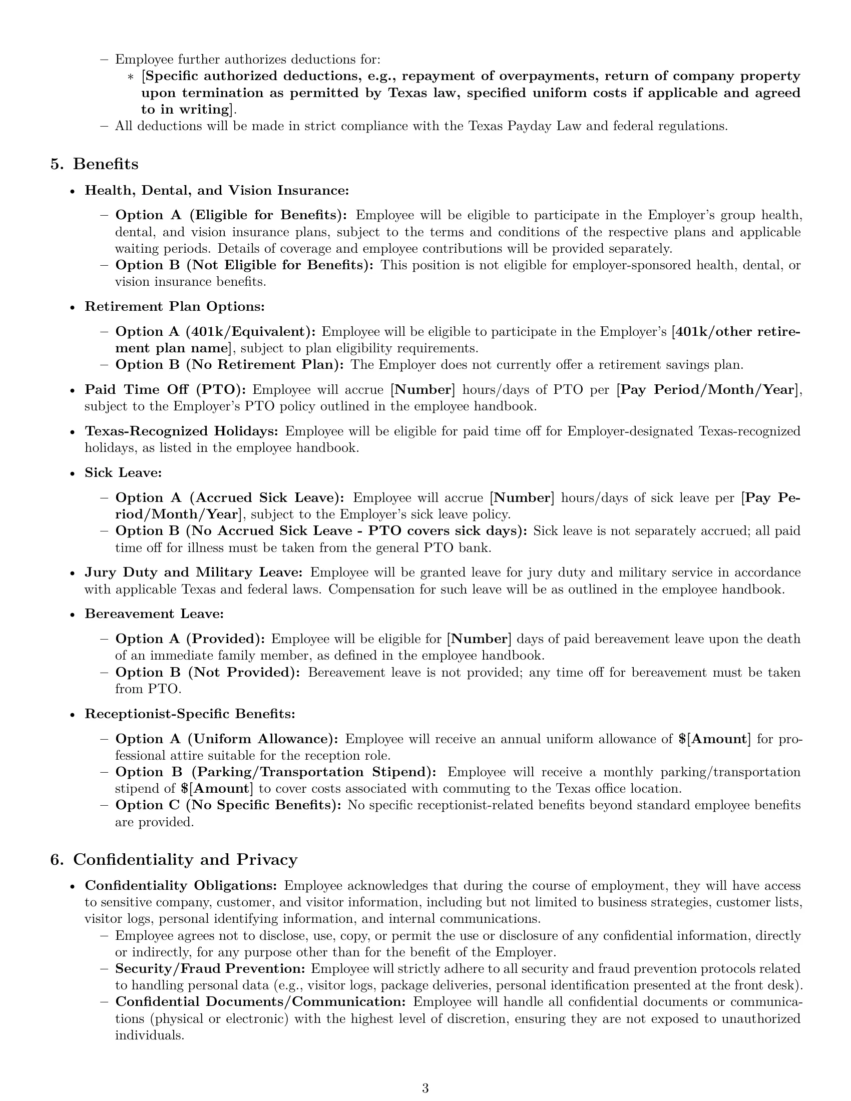 Preview page 3 of Pro Texas receptionist employment contract template