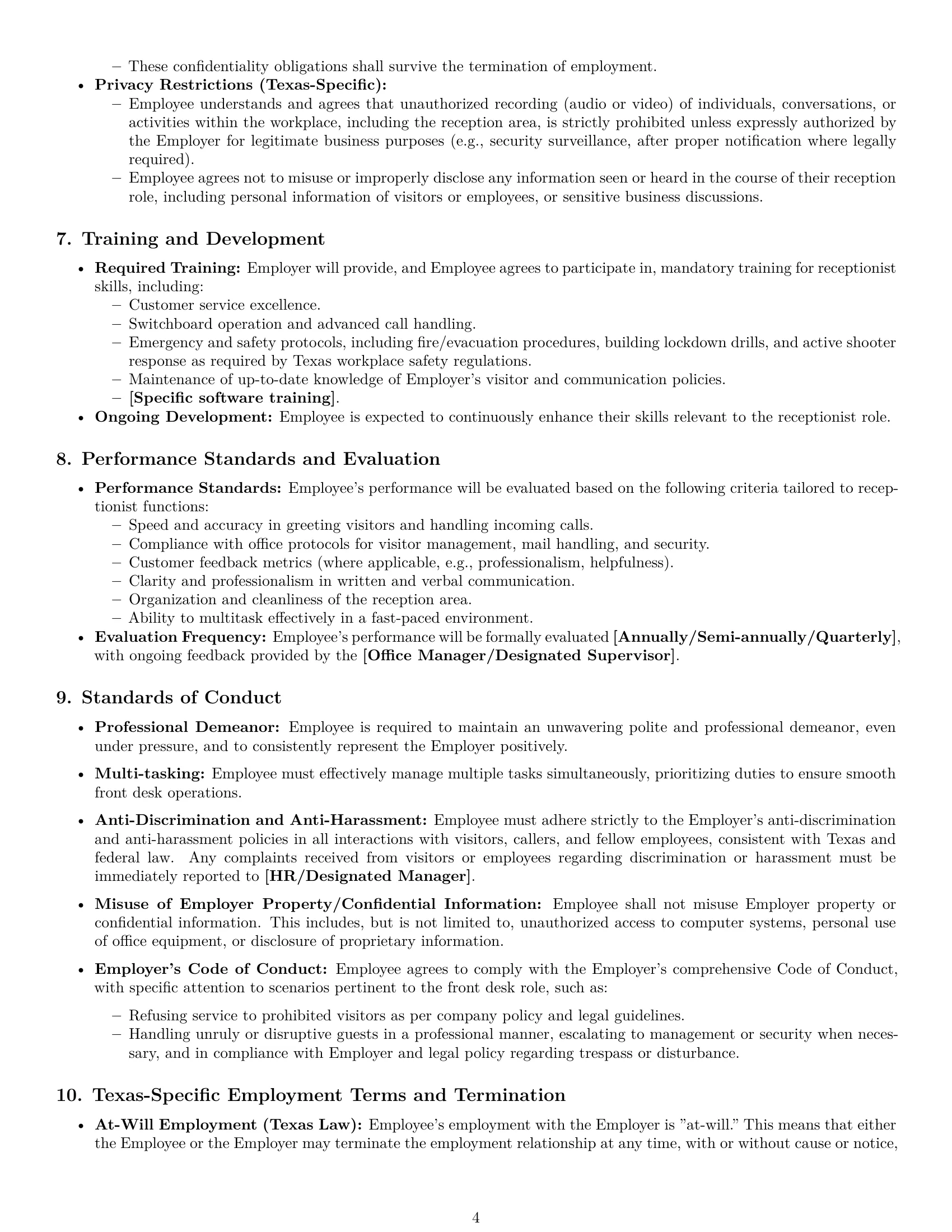 Preview page 4 of Pro Texas receptionist employment contract template