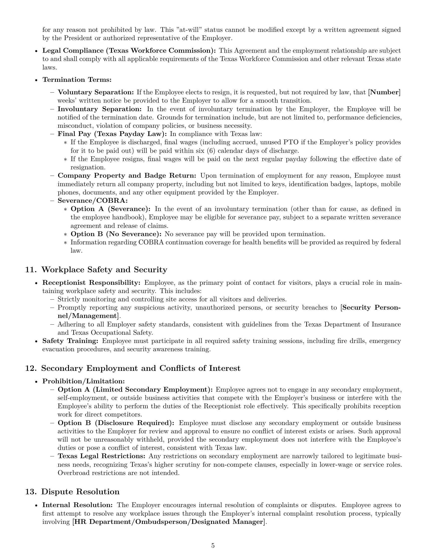 Preview page 5 of Pro Texas receptionist employment contract template