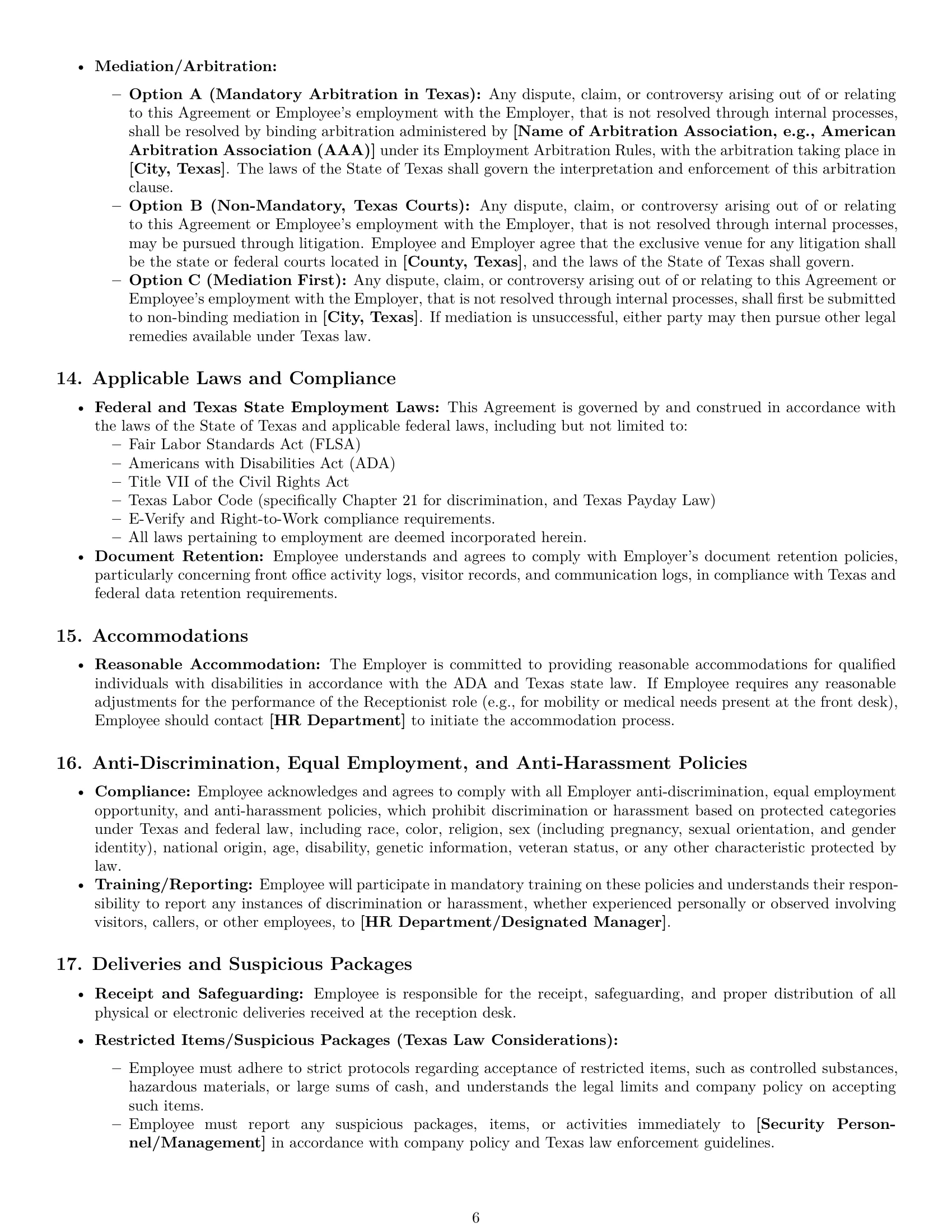 Preview page 6 of Pro Texas receptionist employment contract template