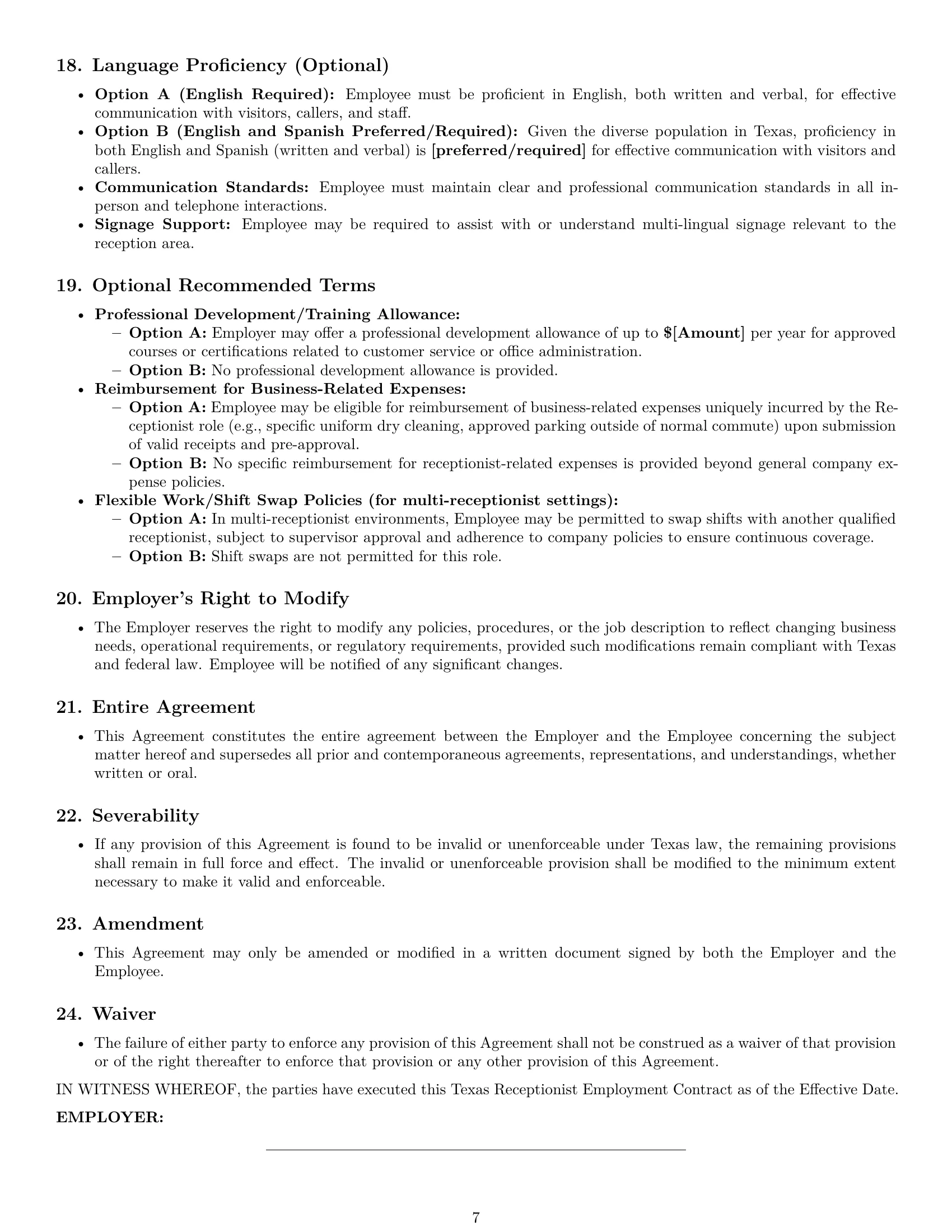 Preview page 7 of Pro Texas receptionist employment contract template