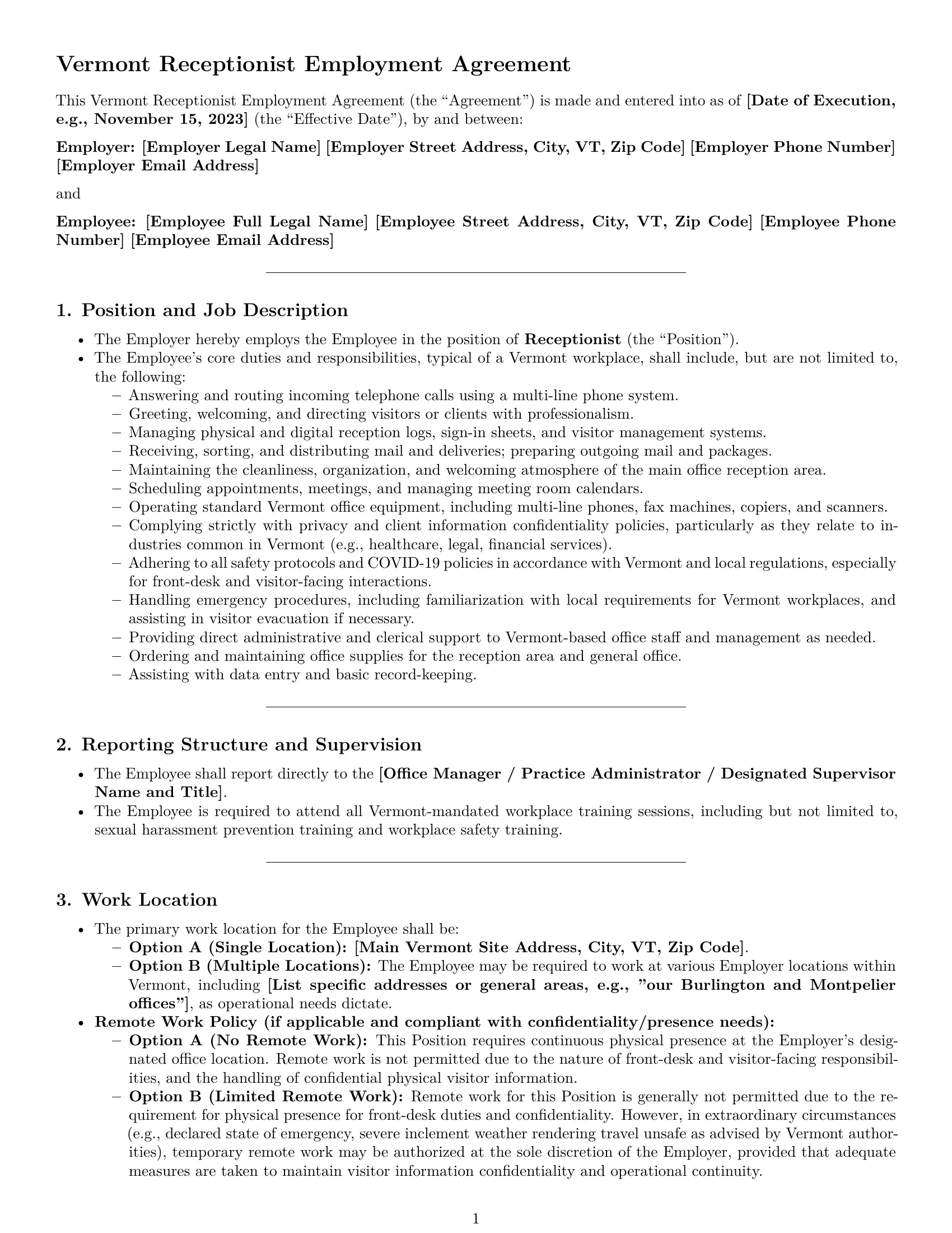 Preview page 1 of Pro Vermont receptionist employment contract template