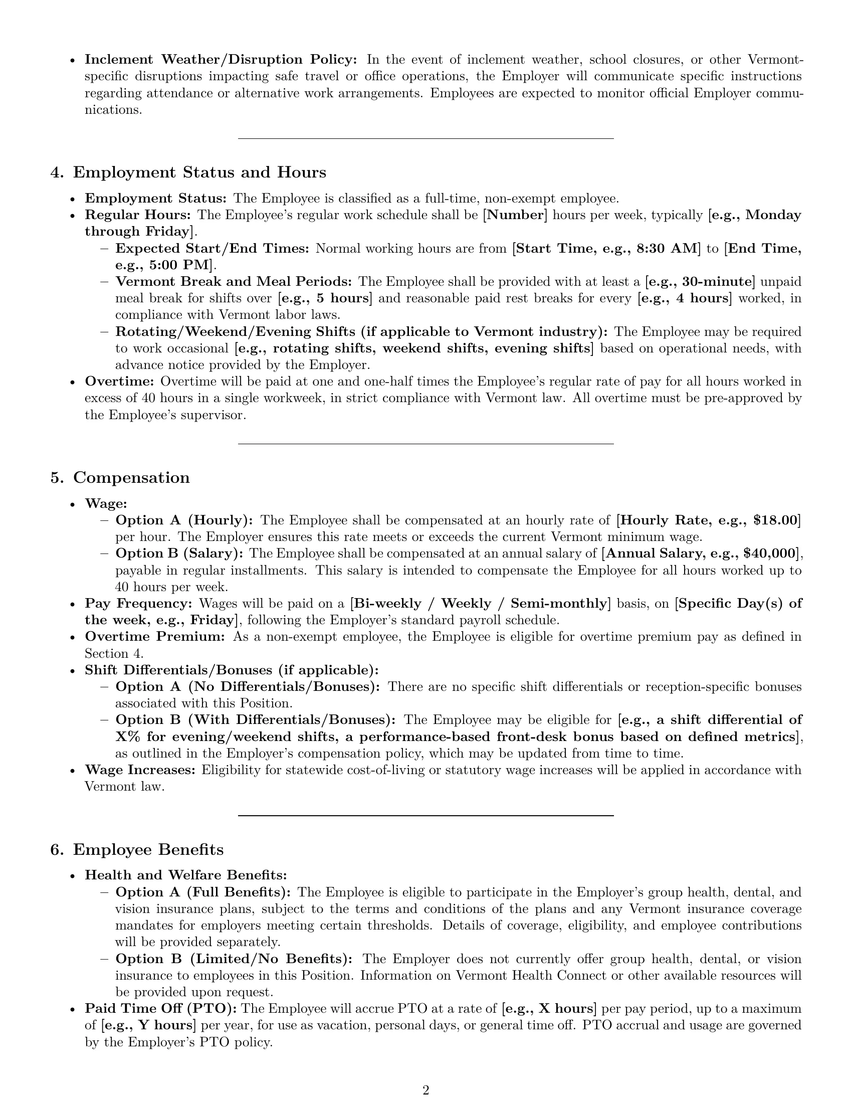 Preview page 2 of Pro Vermont receptionist employment contract template