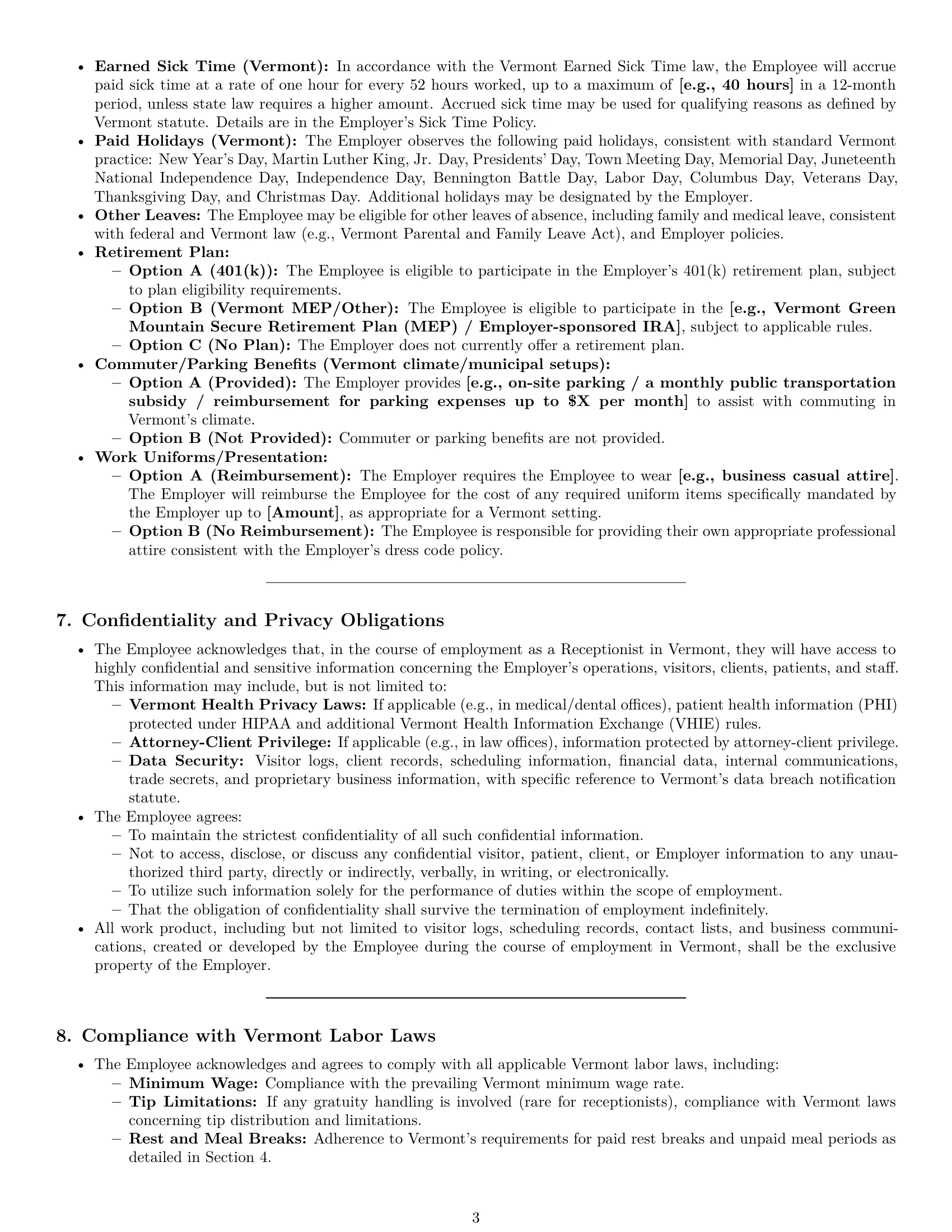Preview page 3 of Pro Vermont receptionist employment contract template