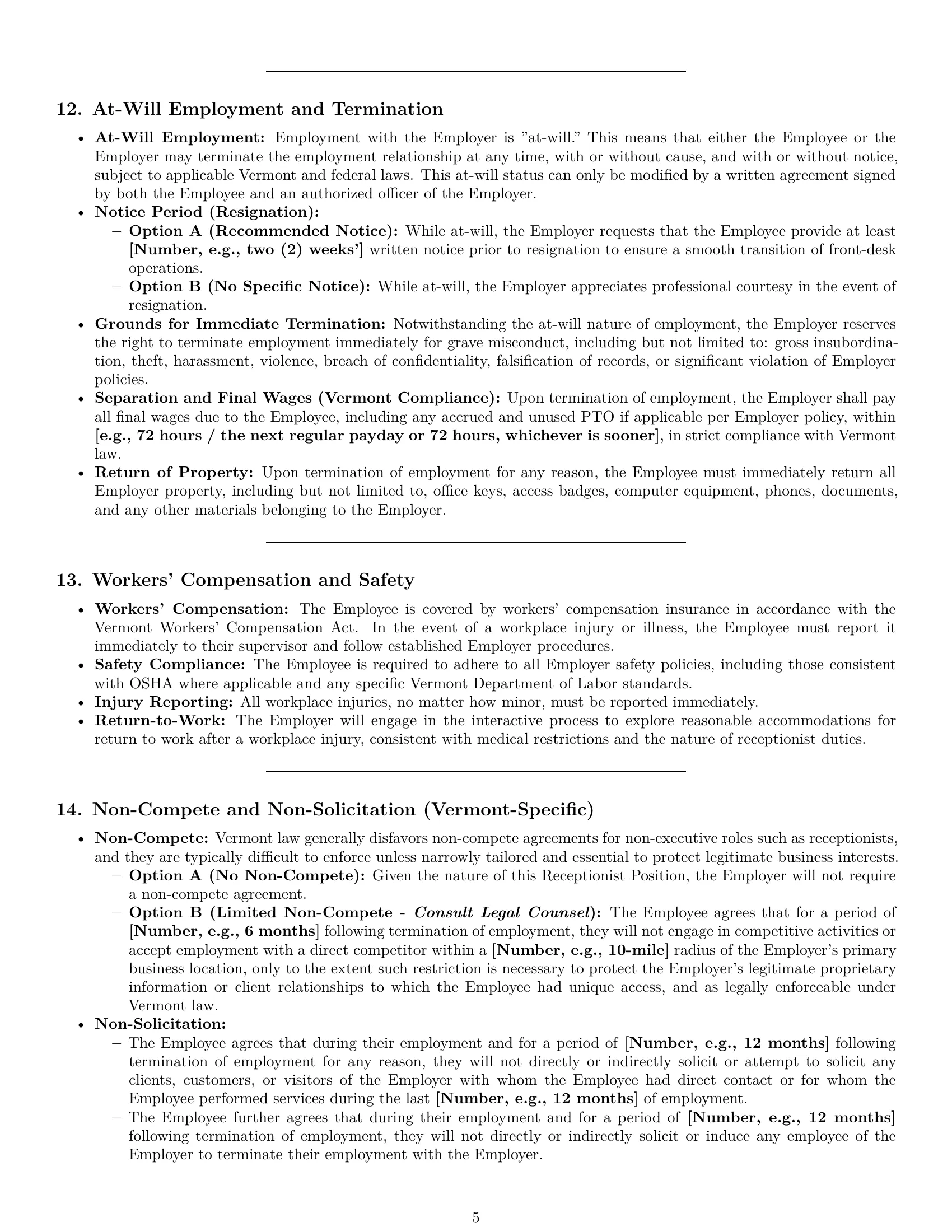 Preview page 5 of Pro Vermont receptionist employment contract template