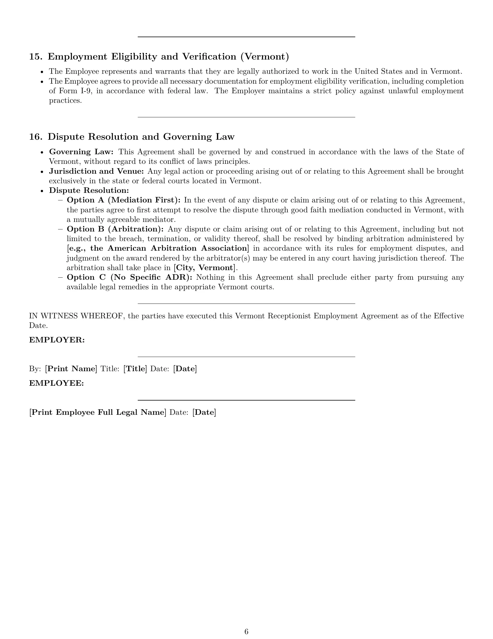 Preview page 6 of Pro Vermont receptionist employment contract template