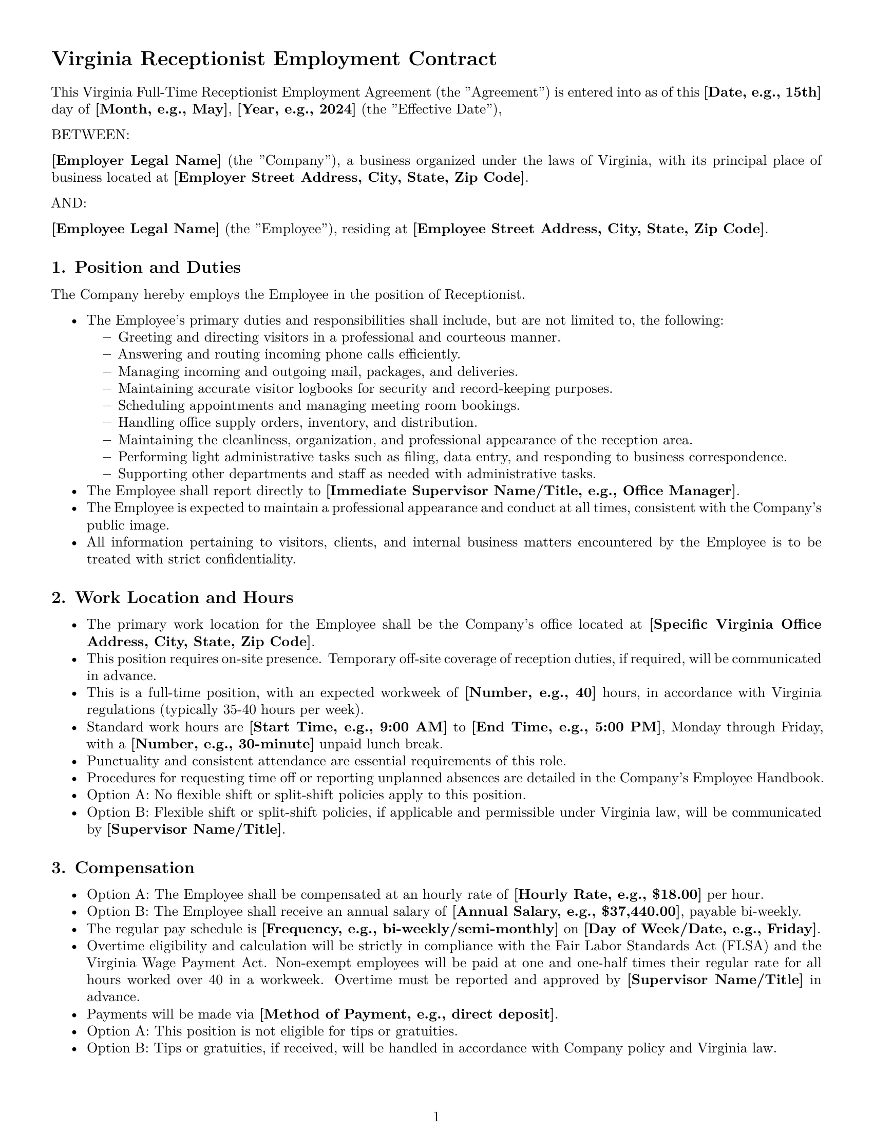 Preview page 1 of Pro Virginia receptionist employment contract template