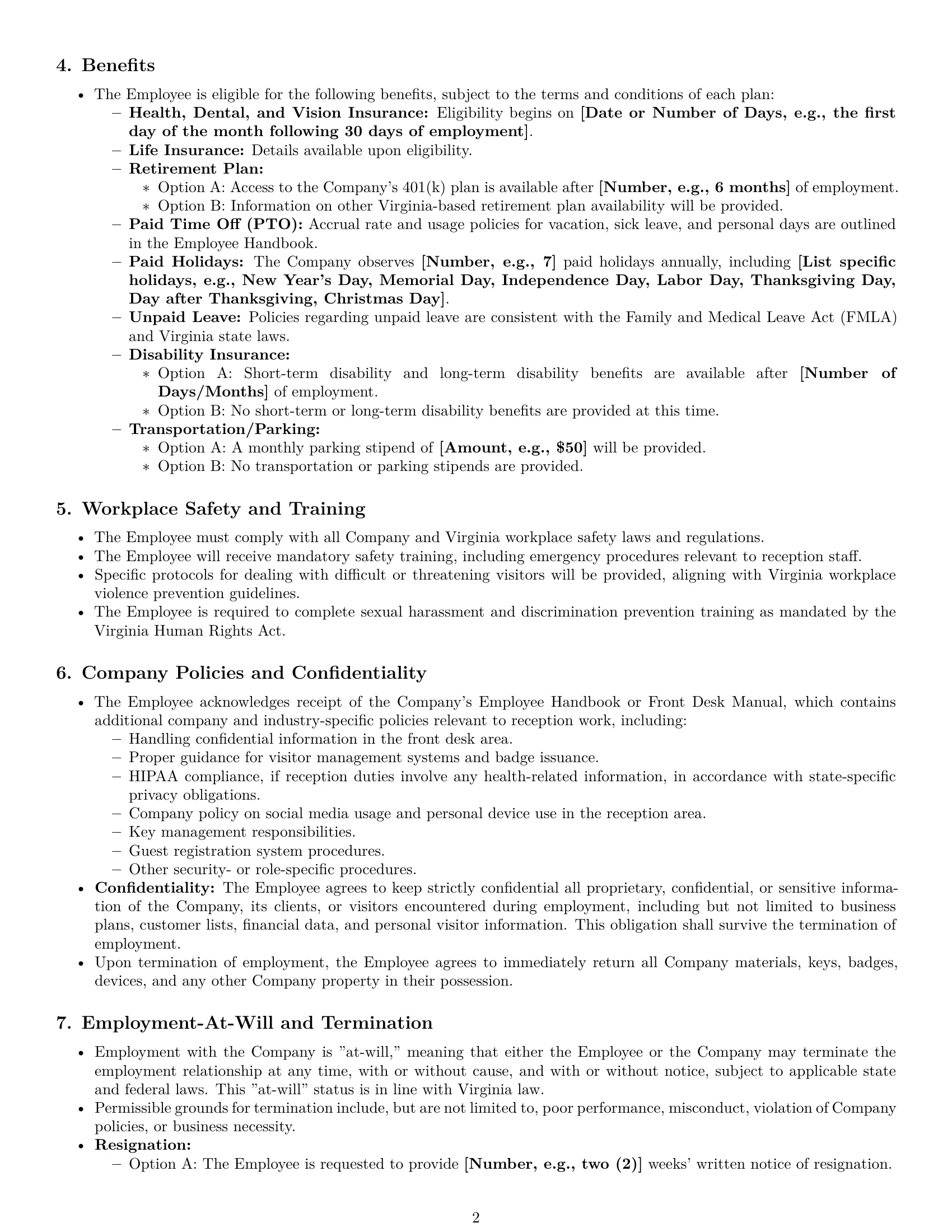 Preview page 2 of Pro Virginia receptionist employment contract template