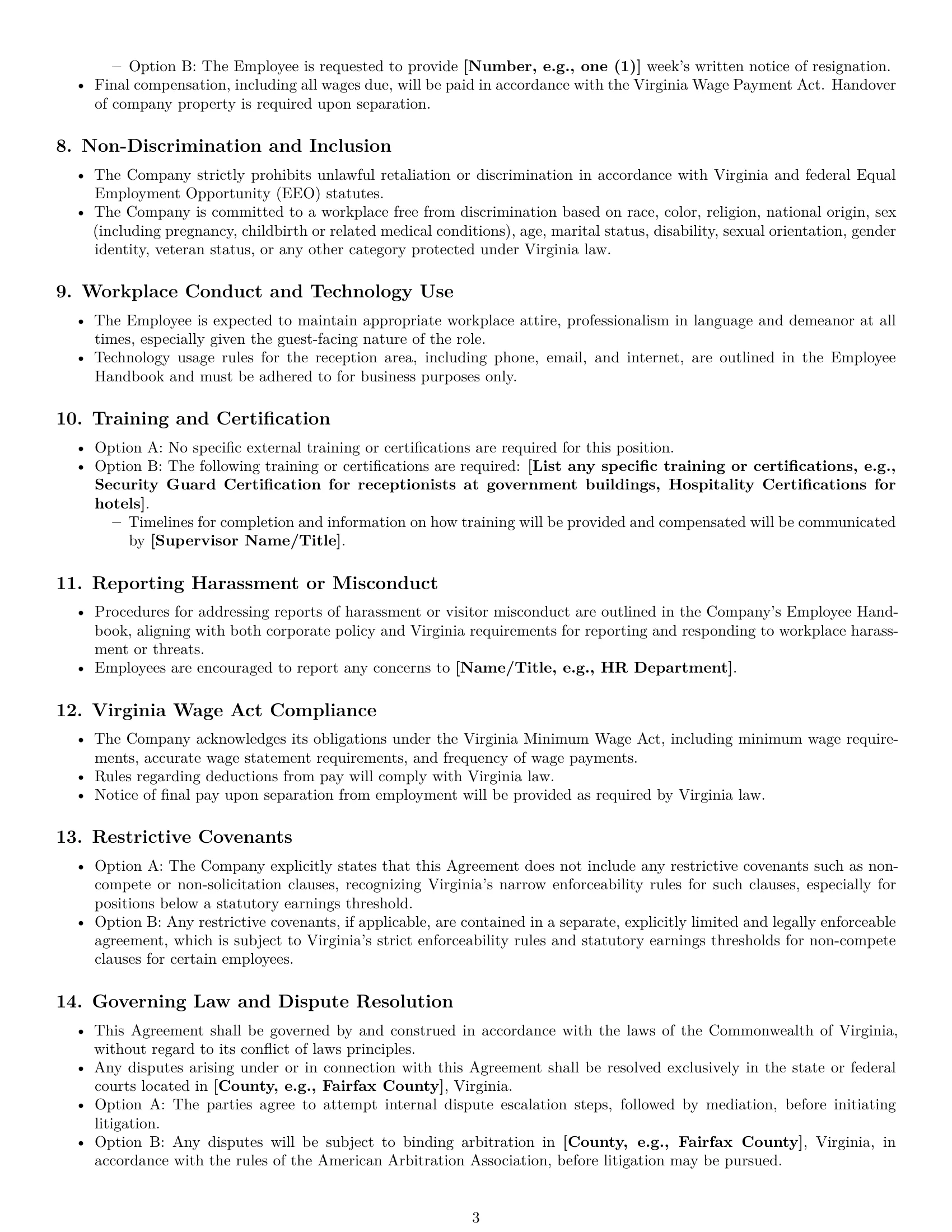 Preview page 3 of Pro Virginia receptionist employment contract template