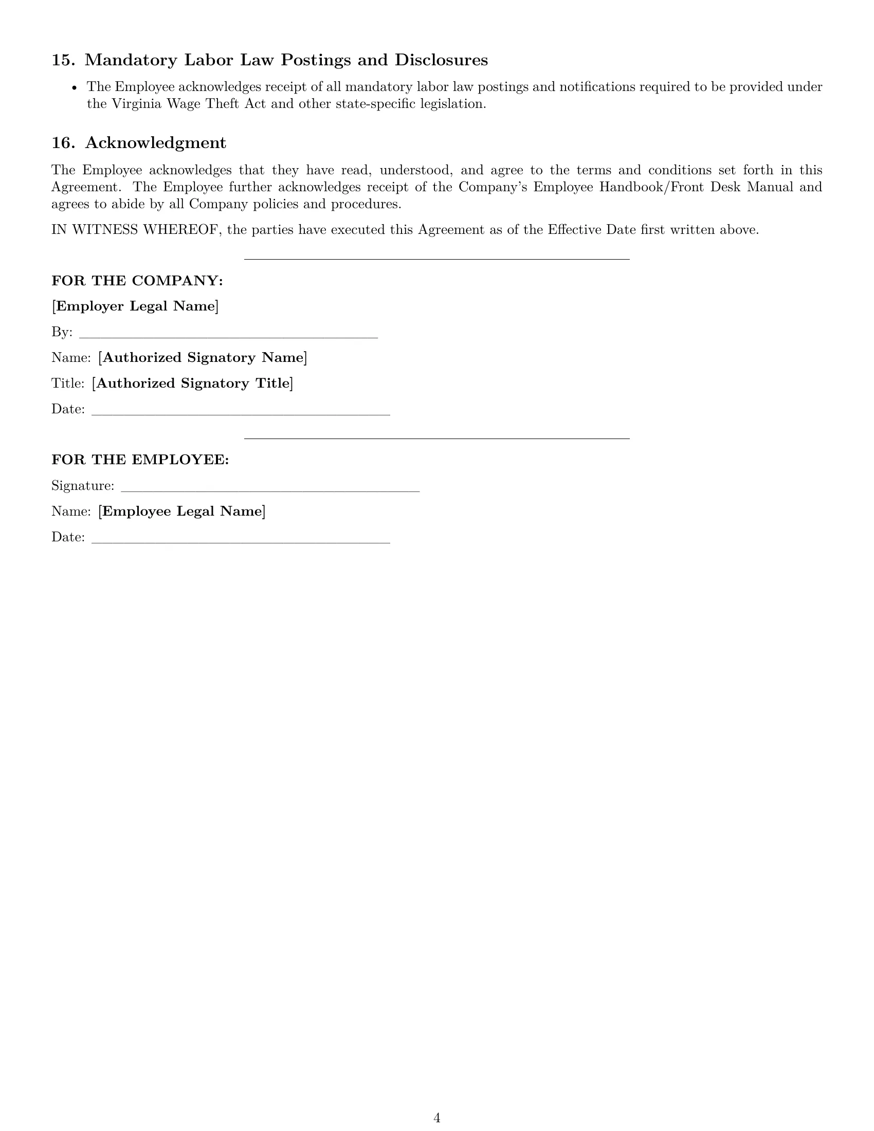 Preview page 4 of Pro Virginia receptionist employment contract template