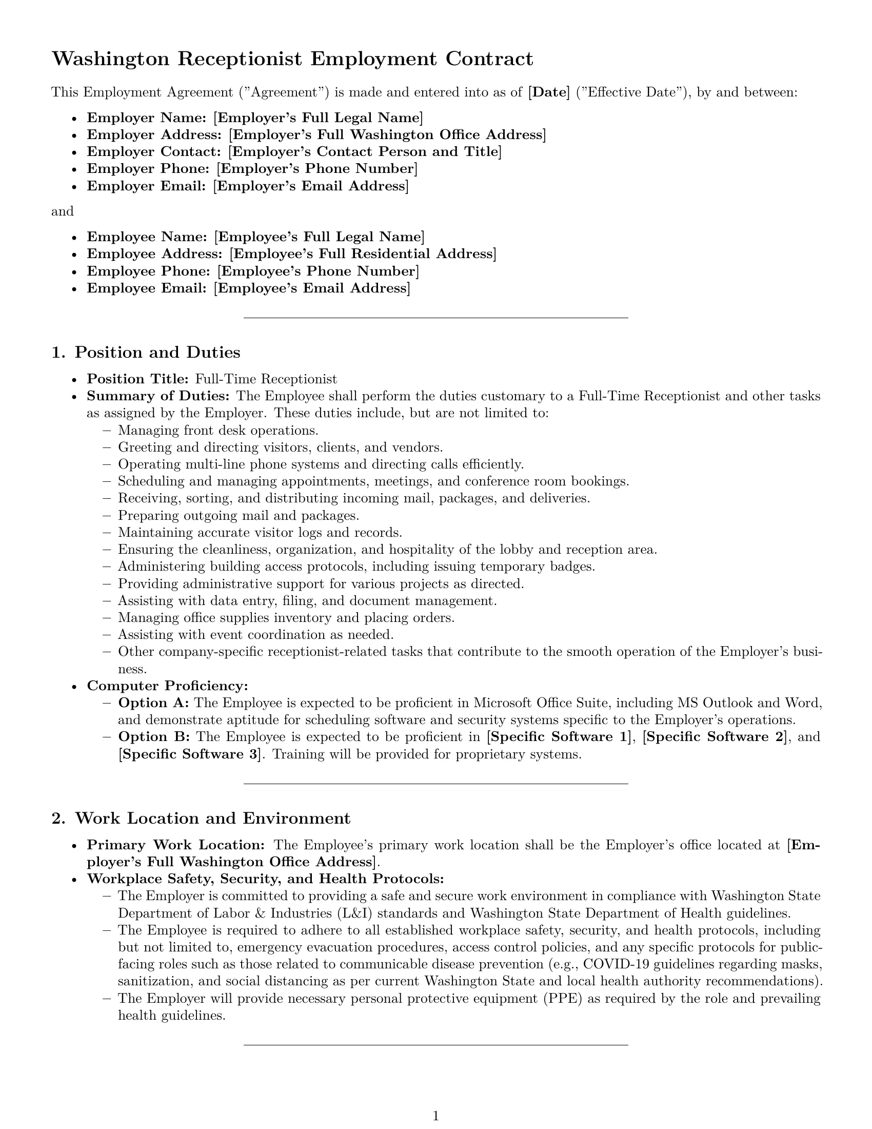 Preview page 1 of Pro Washington receptionist employment contract template