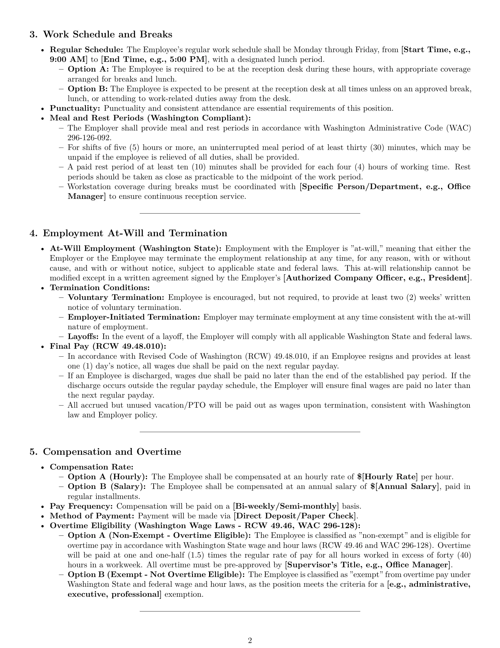 Preview page 2 of Pro Washington receptionist employment contract template