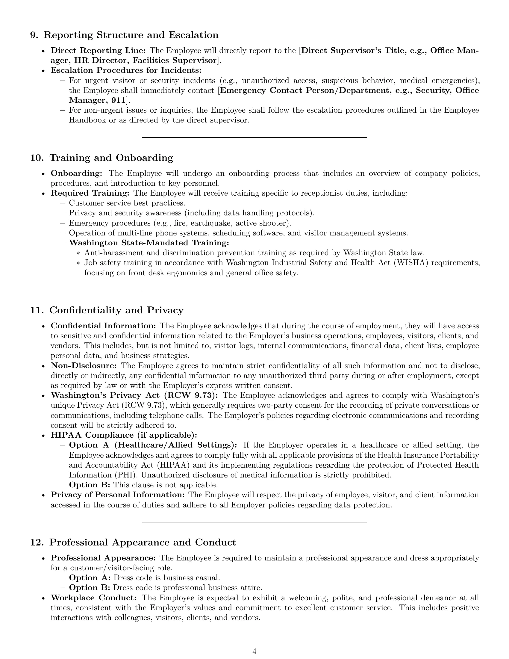 Preview page 4 of Pro Washington receptionist employment contract template