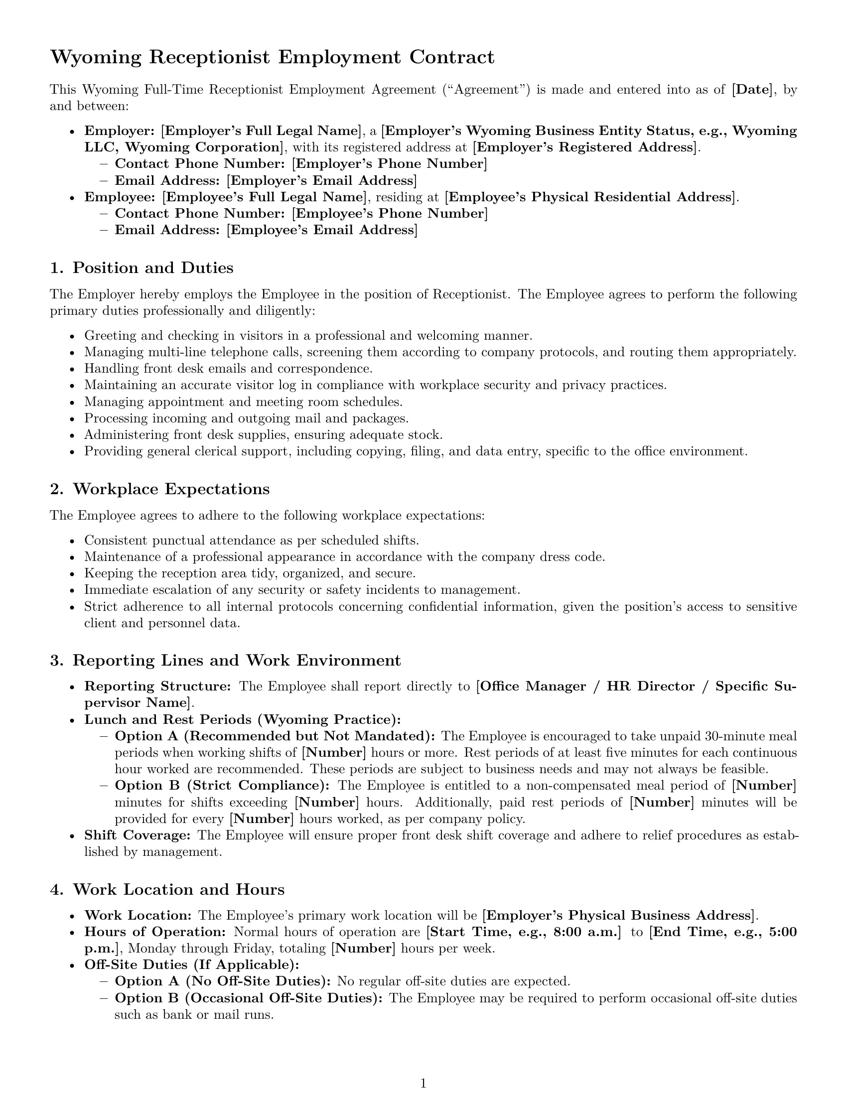 Preview page 1 of Pro Wyoming receptionist employment contract template