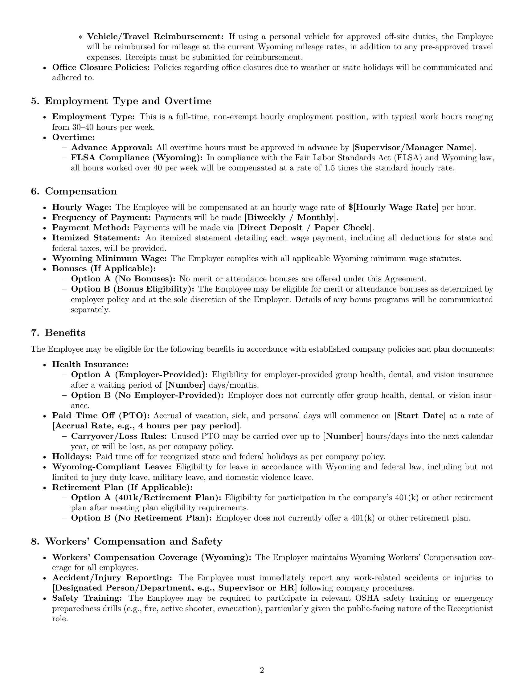 Preview page 2 of Pro Wyoming receptionist employment contract template
