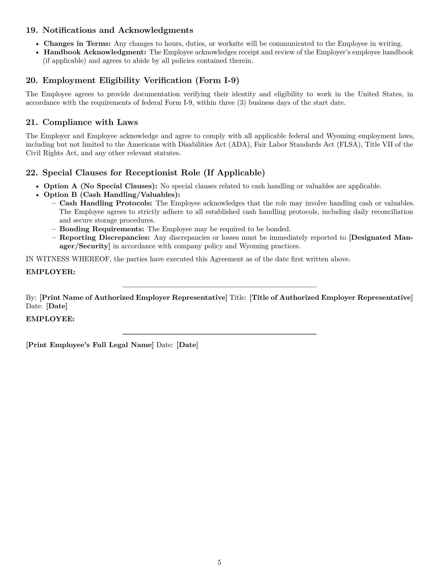 Preview page 5 of Pro Wyoming receptionist employment contract template