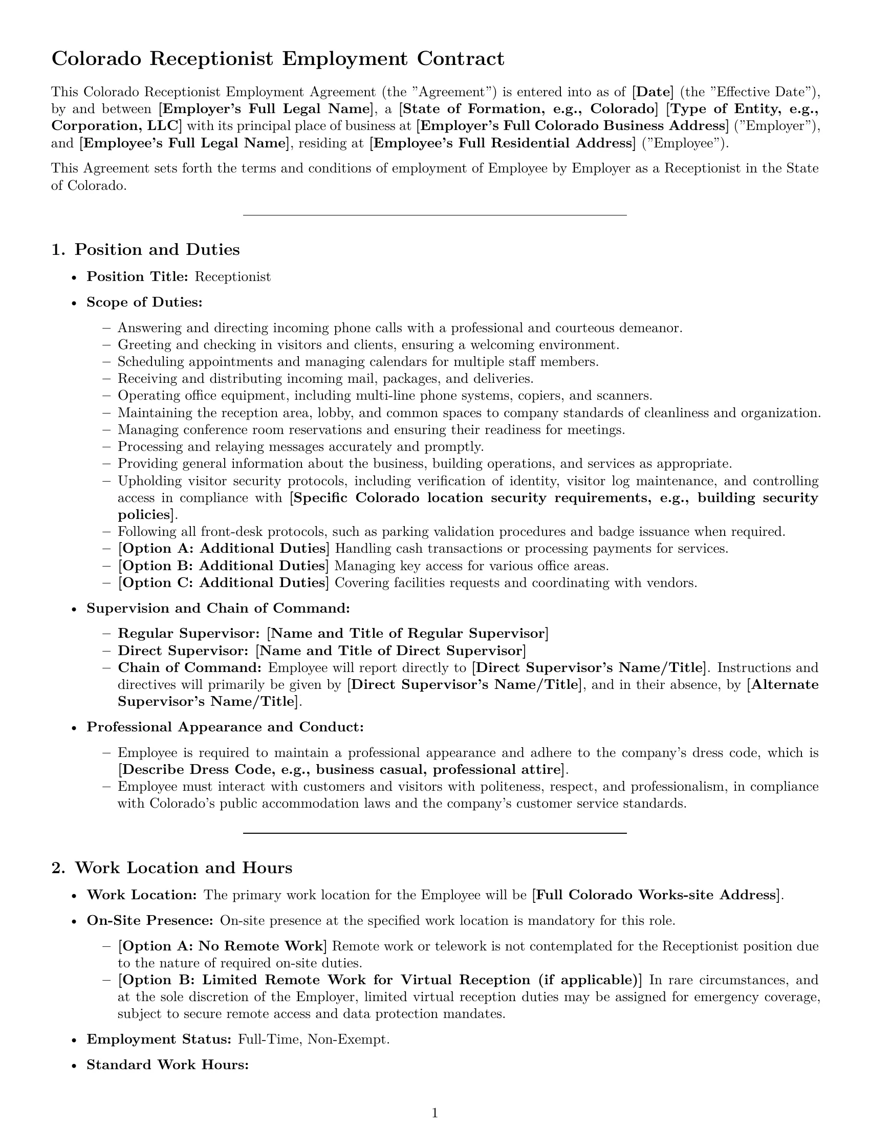 Preview page 1 of Pro Colorado receptionist employment contract template