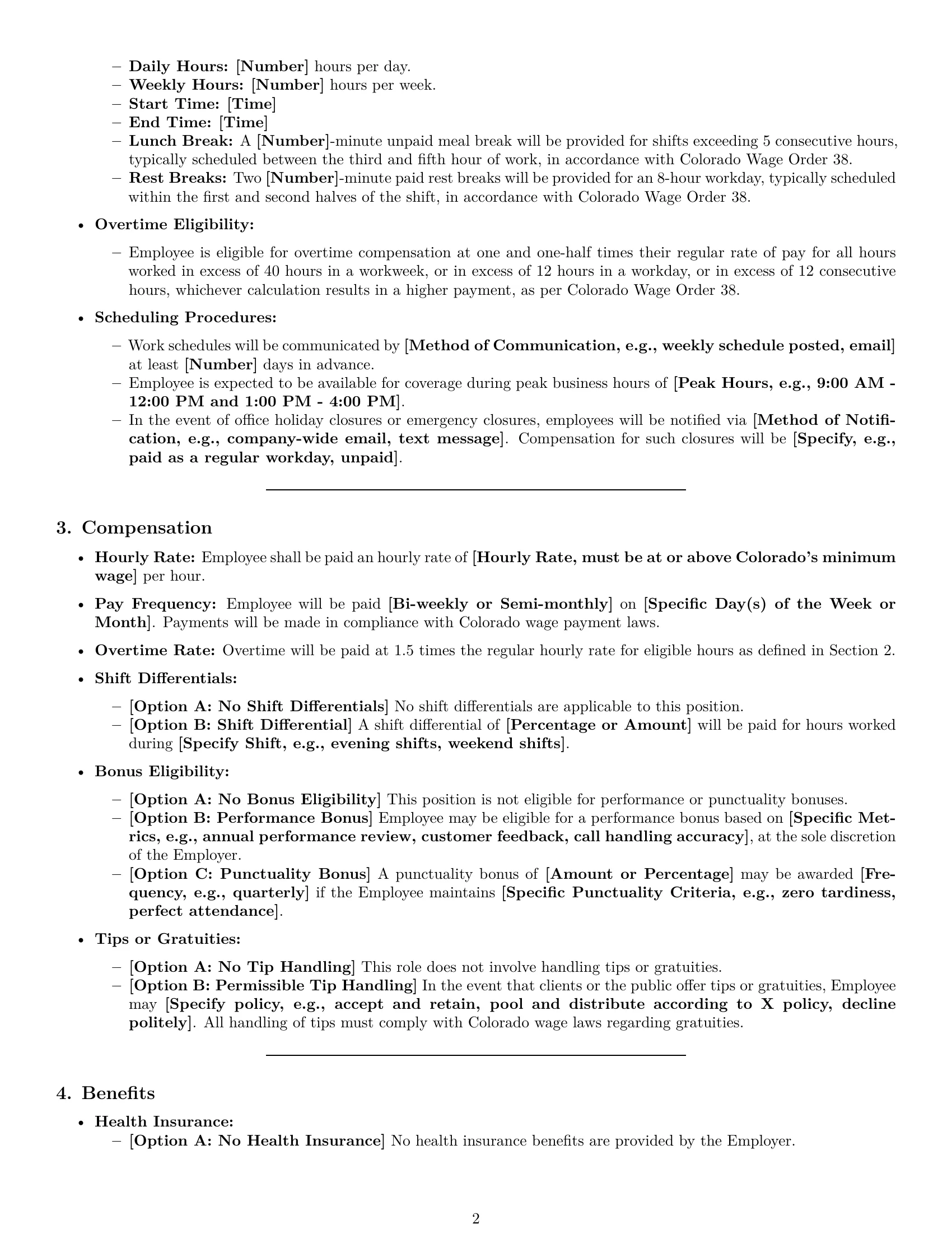 Preview page 2 of Pro Colorado receptionist employment contract template