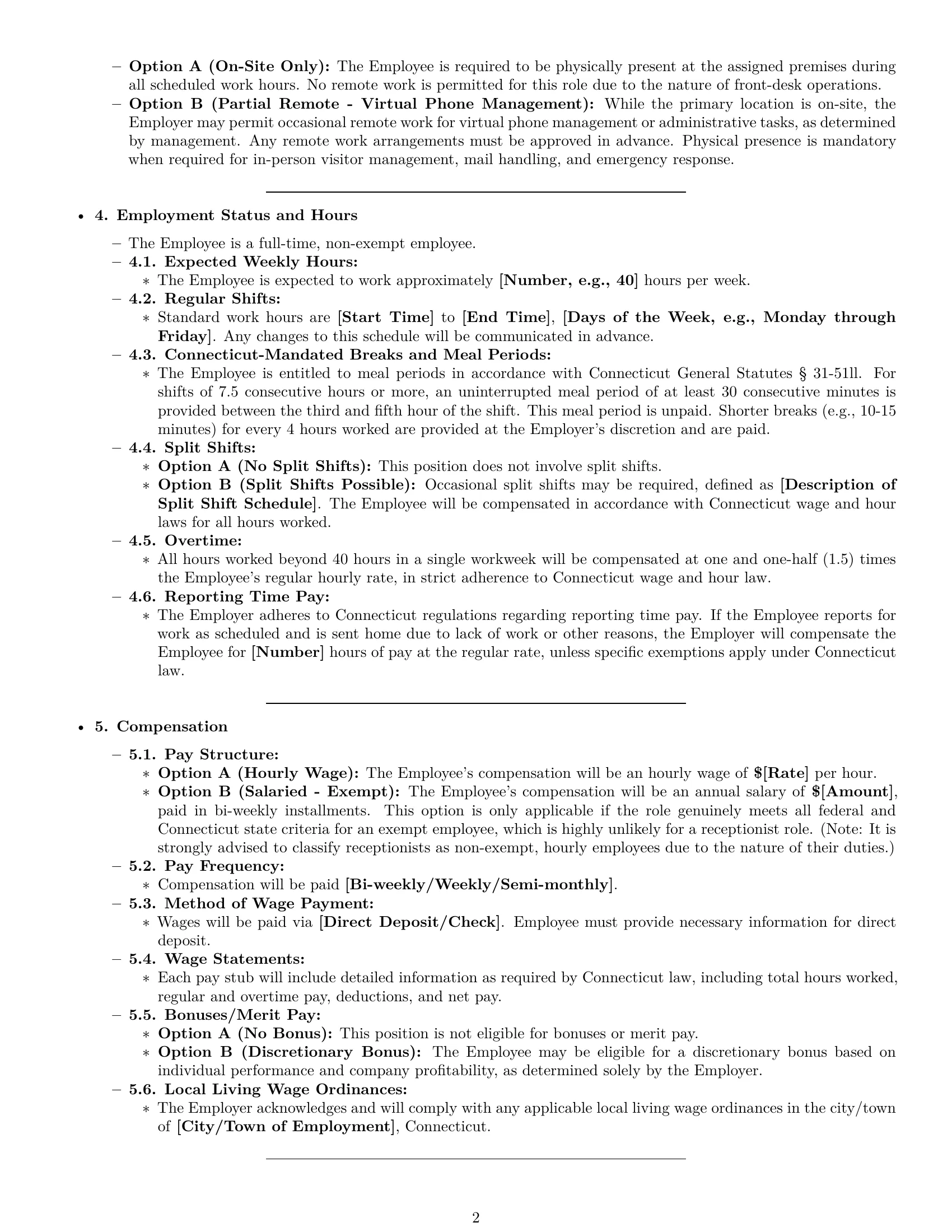 Preview page 2 of Pro Connecticut receptionist employment contract template